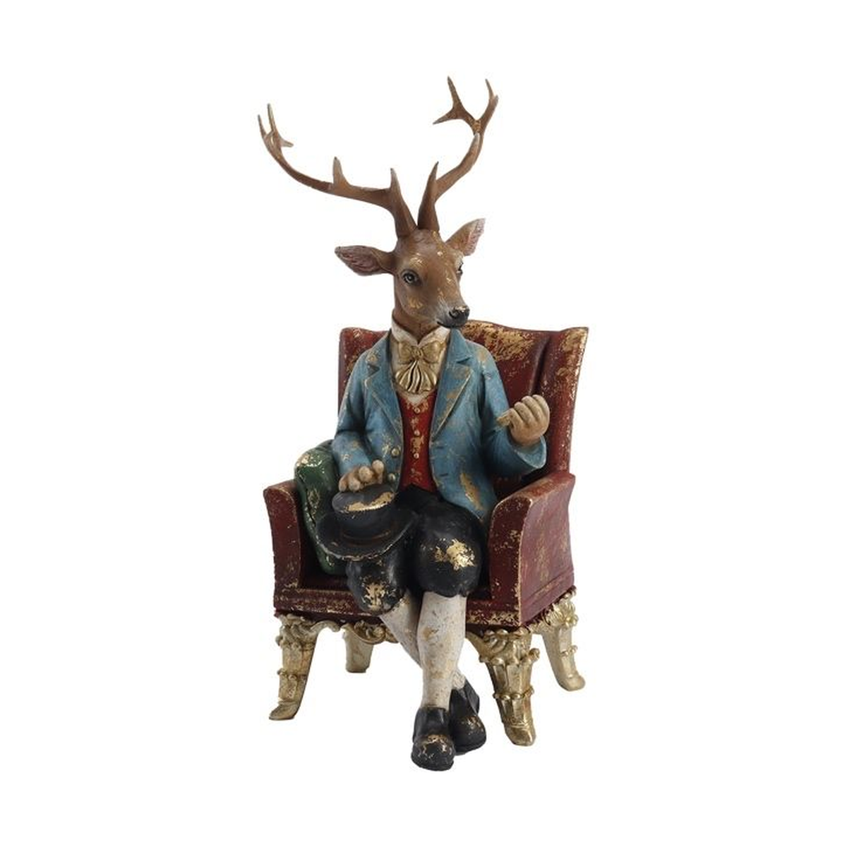 Figura decorativa de ciervo aristócrata sentado en un sillón rojo, vestido con saco azul, chaleco