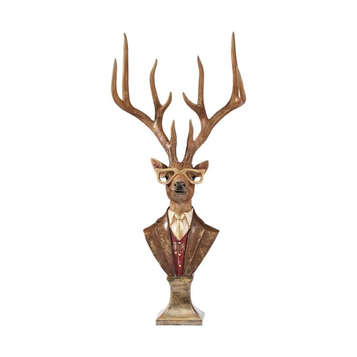 Busto decorativo de ciervo con astas grandes, vestido con traje y gafas doradas, sobre base