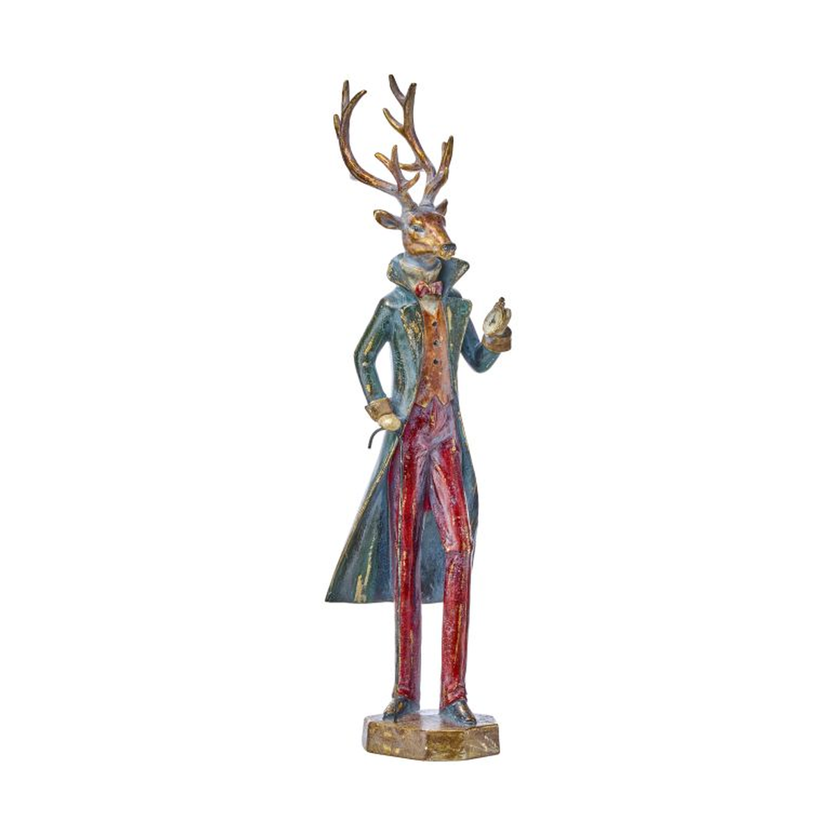 Figura de ciervo elegante en traje de época, sosteniendo un reloj de bolsillo, para decoración de