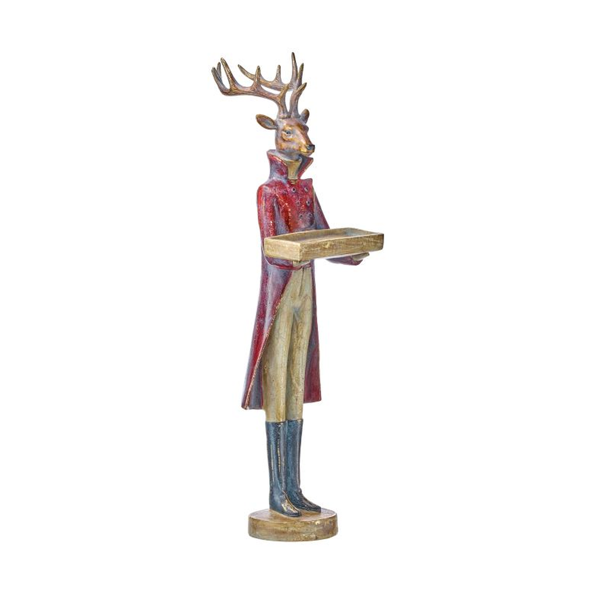 Figura de ciervo decorativo en resina, vestido con abrigo rojo y pantalones claros, sosteniendo una