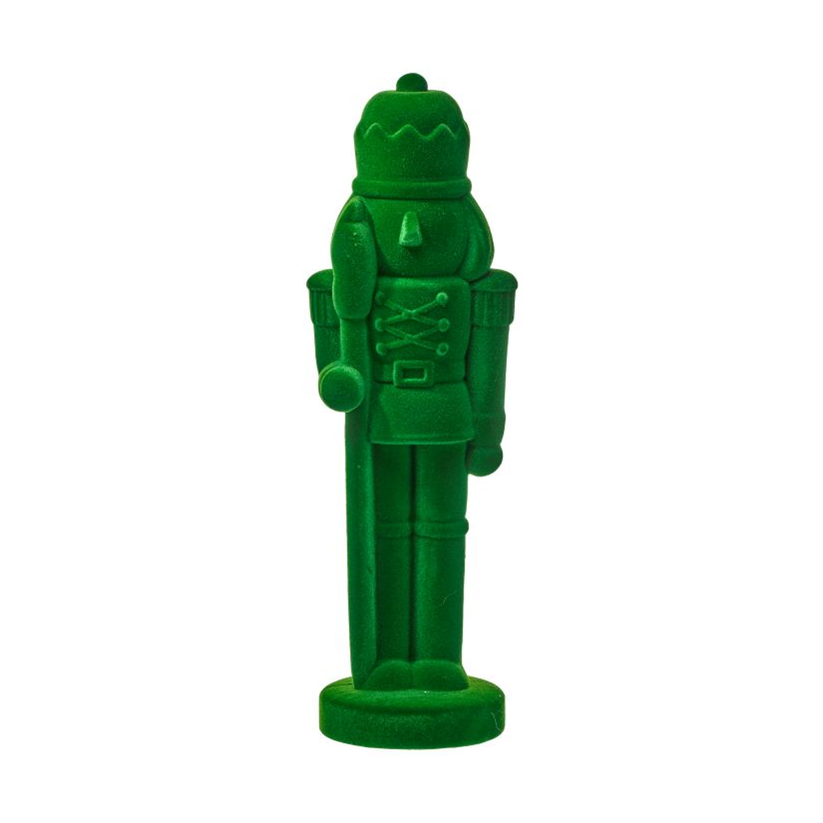 Cascanueces decorativo de terciopelo verde esmeralda con detalles intrincados, perfecto para