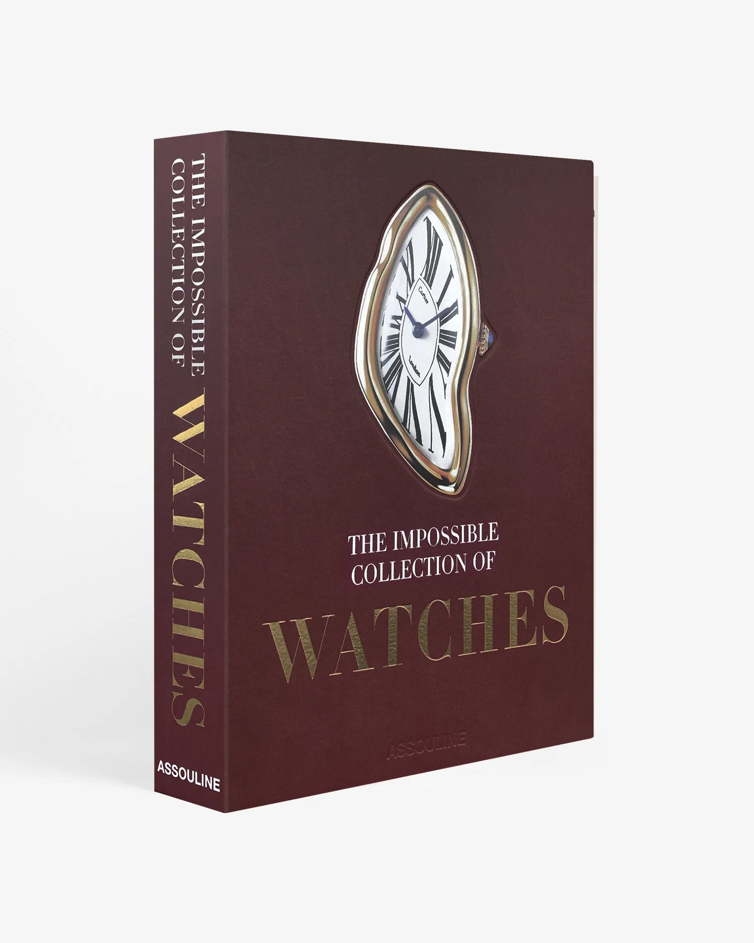 Libro Assouline The Impossible Collection of Watches, tapa color borgoña con letras doradas y diseño de reloj surrealista.