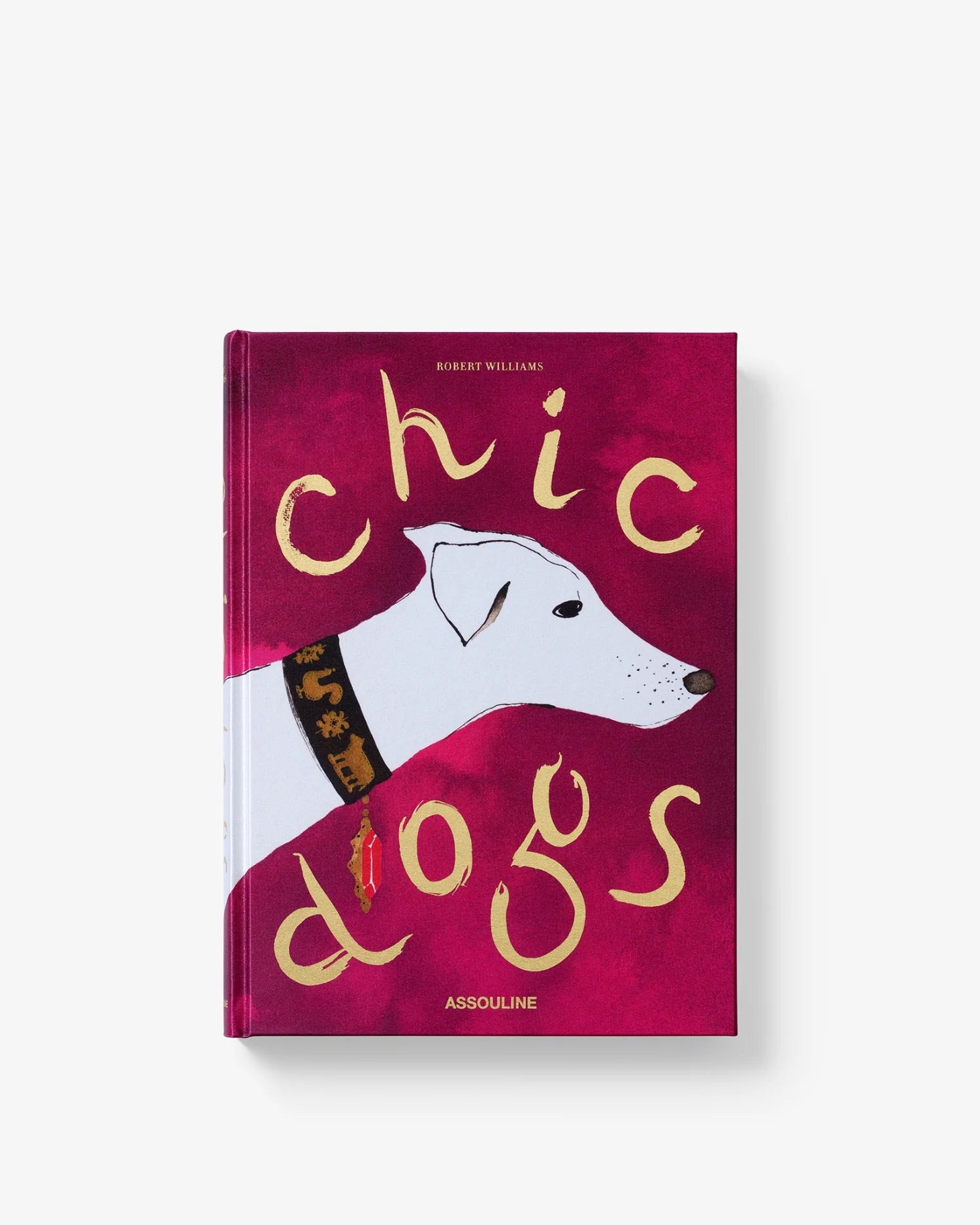 Portada del libro Assouline Chic Dogs en vibrante magenta con ilustración de perro elegante.