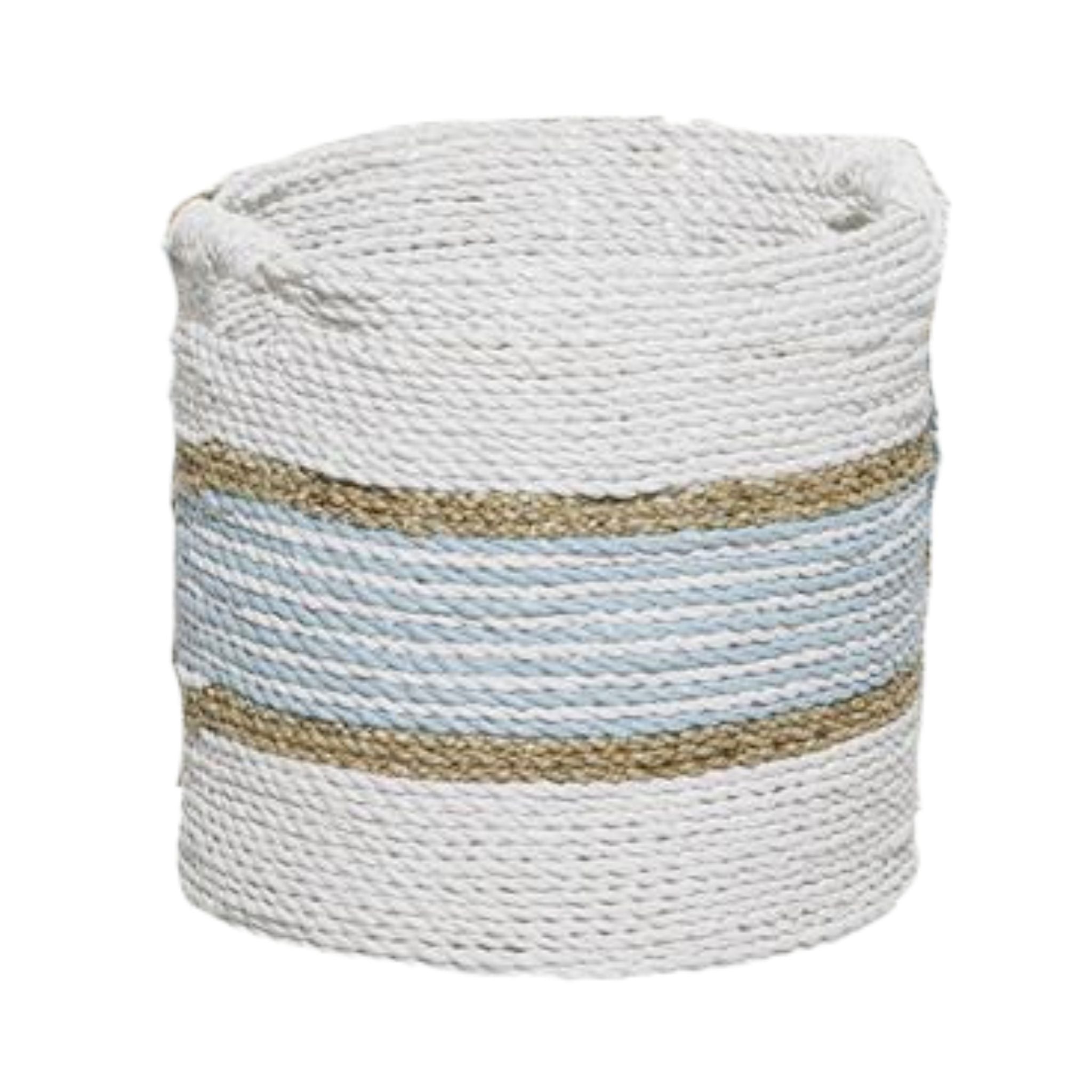 Canasta tejida mediana blanca y azul para hogar - Vilá Decoración - Muebles y decoración en Medellín y Colombia