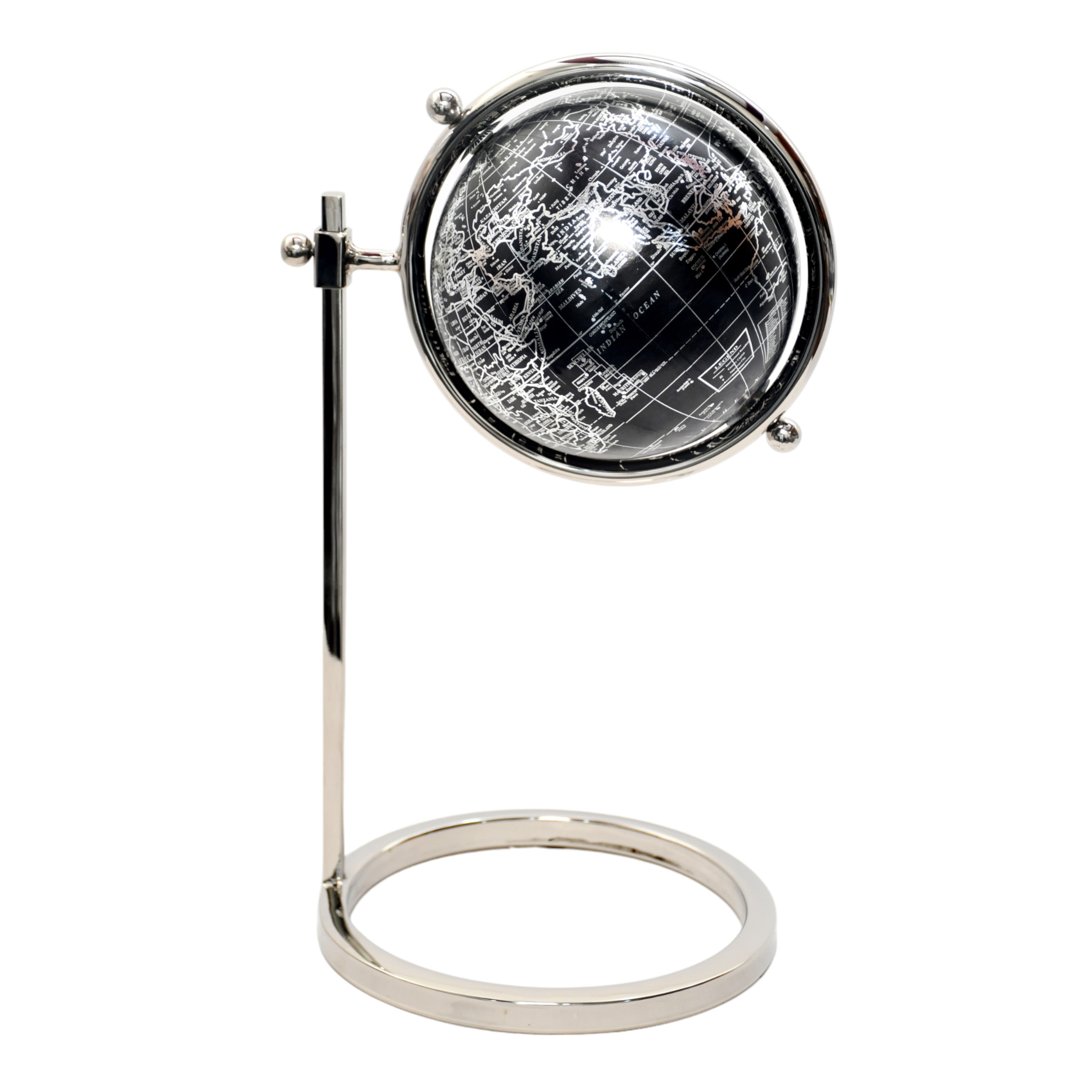 Globo decorativo de lujo en negro y plata con soporte metálico cromado, vista frontal.