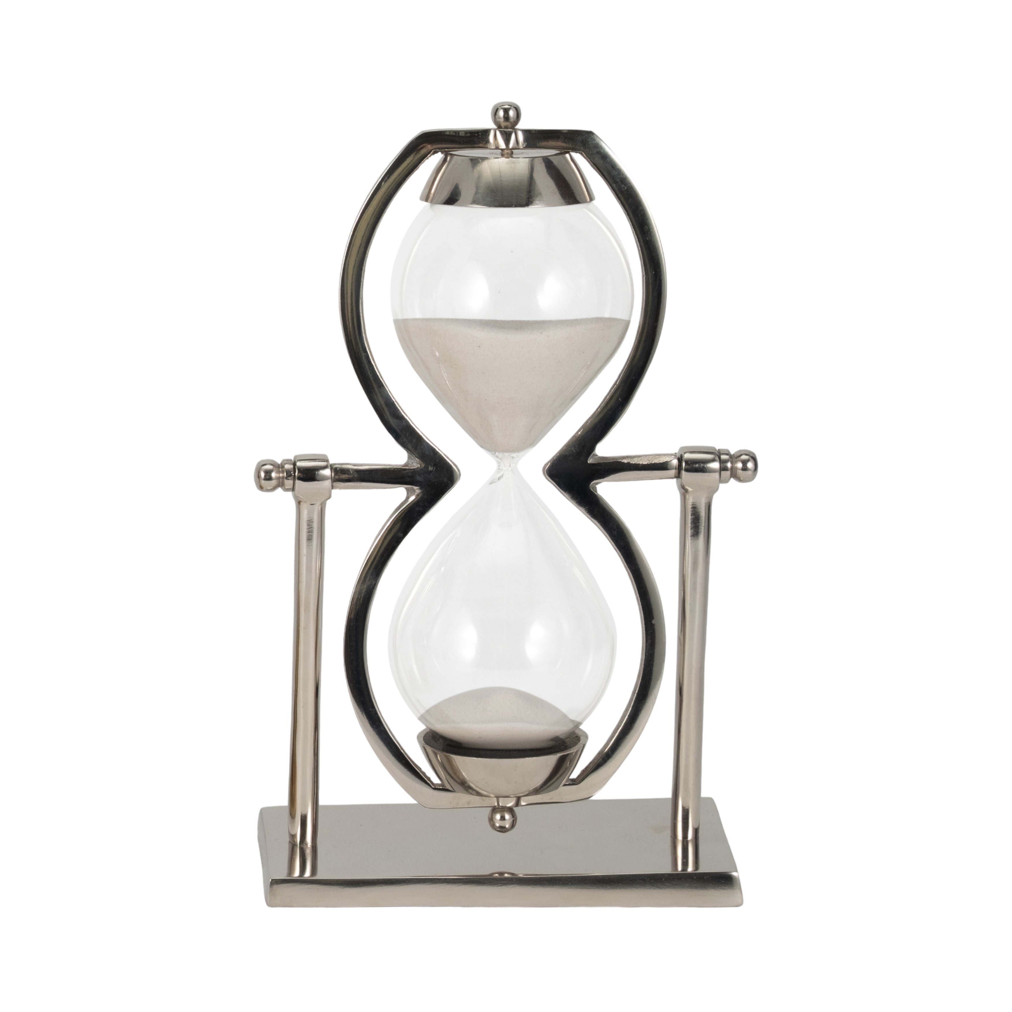 Reloj de arena metálico con arena blanca fluyendo, detalle de diseño elegante para el hogar.