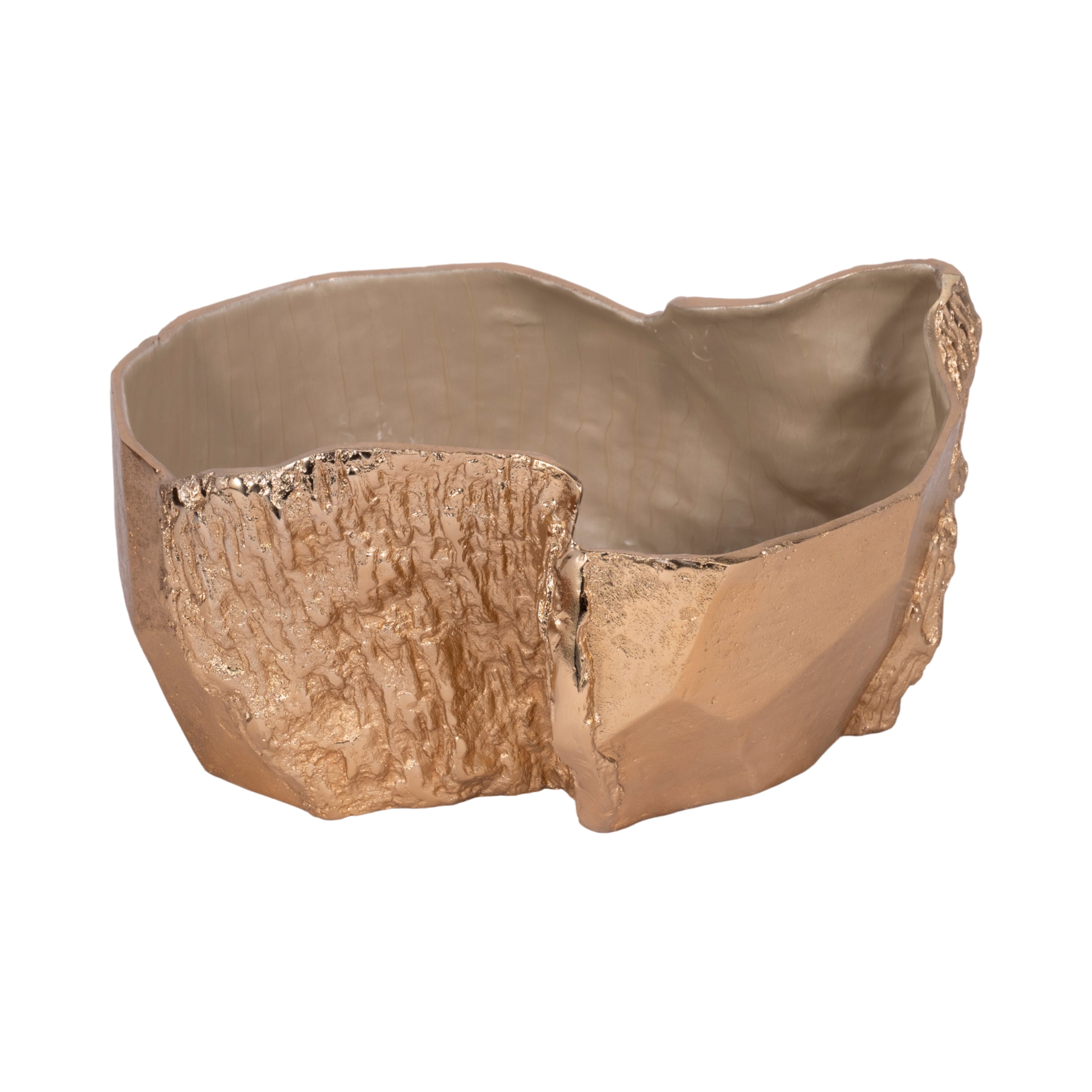 Bowl decorativo dorado texturizado con interior beige, un objeto de arte elegante.