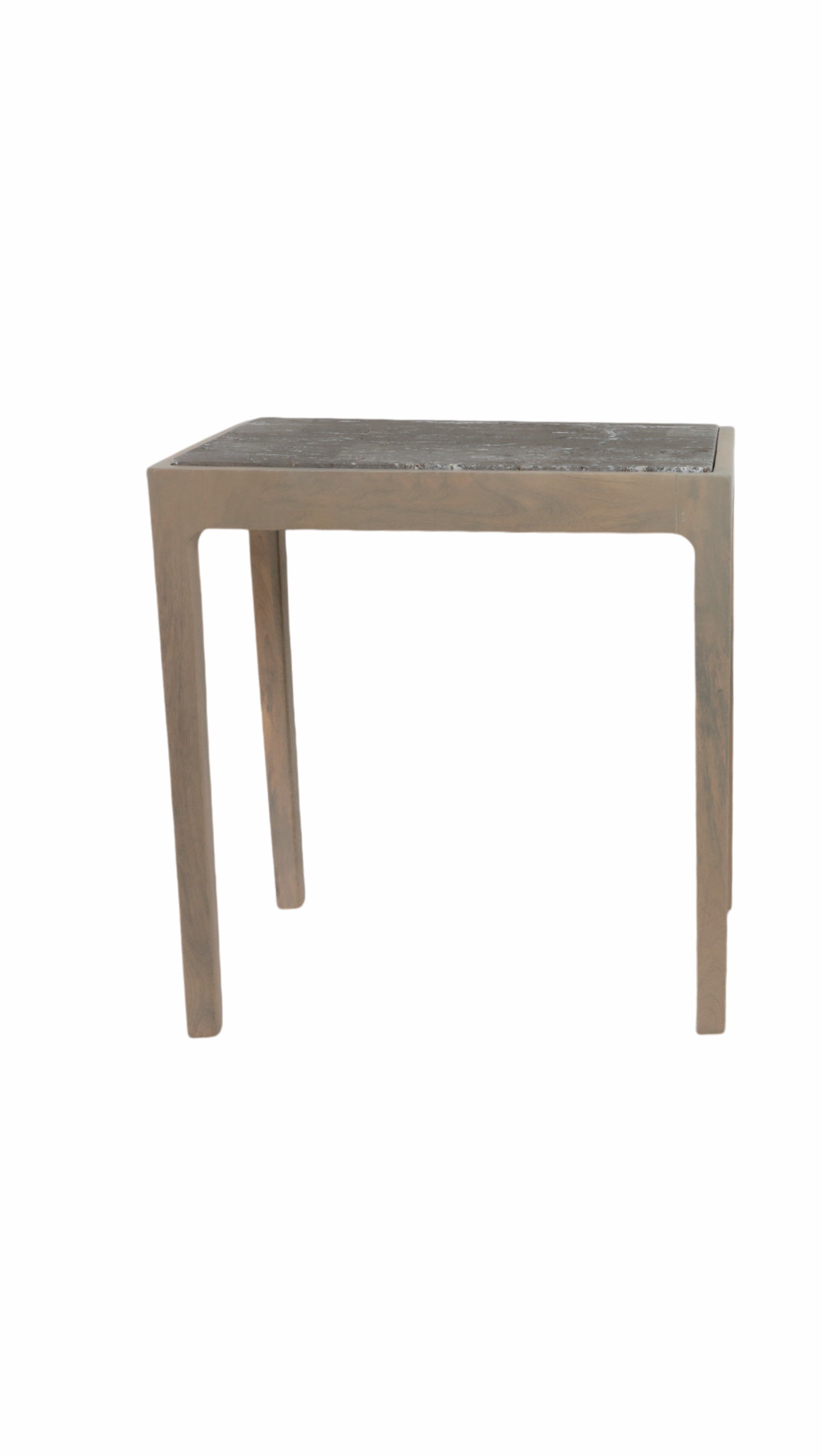 Mesa auxiliar cuadrada de diseño moderno con superficie texturizada oscura y estructura clara. Ideal para sala de estar.