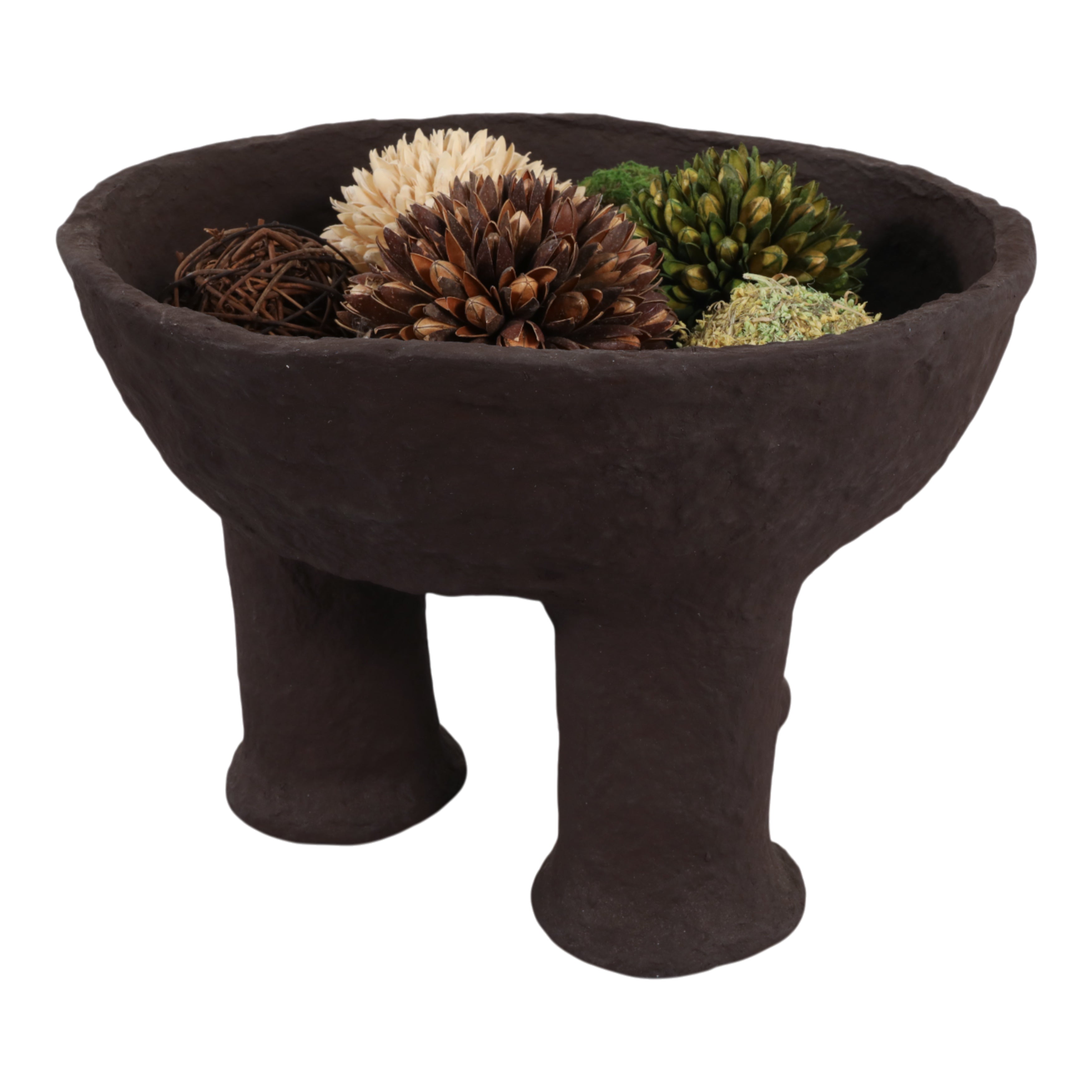 Bowl decorativo trípode oscuro, con arreglos florales y potpourri, ambiente rústico chic.