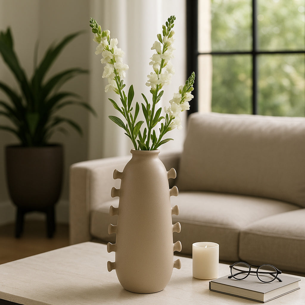 Jarrón beige escultural con flores blancas artificiales en una sala de estar moderna y luminosa.