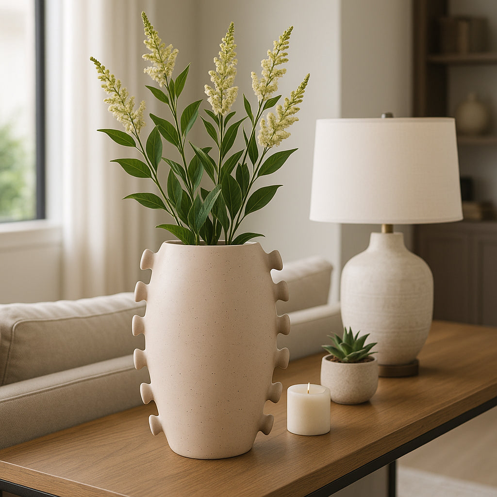 Jarrón de cerámica beige con flores artificiales en sala de estar moderna y elegante, decoración de hogar.