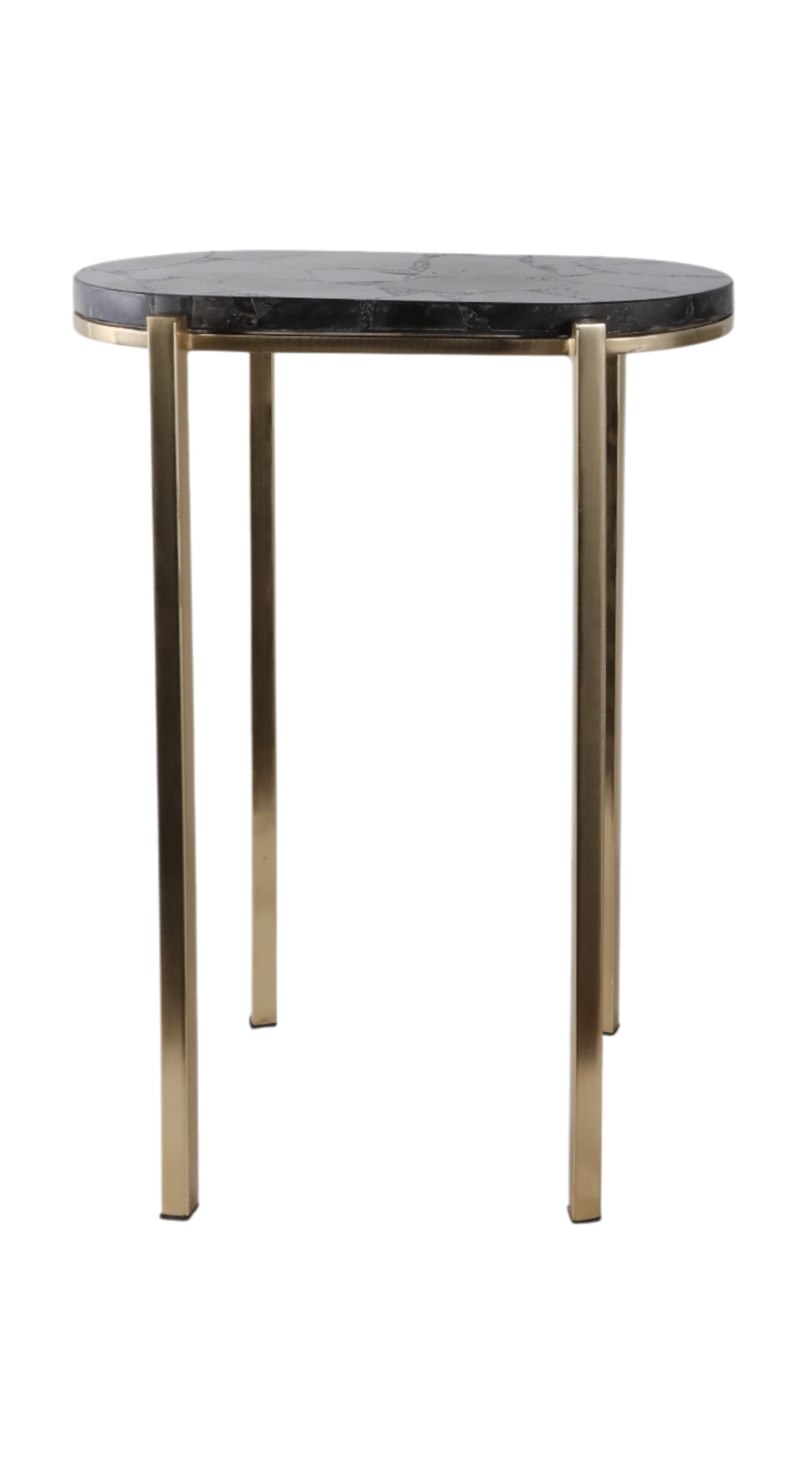 Mesa auxiliar de lujo con cubierta oscura tipo piedra y patas delgadas de metal dorado, ideal para decoración moderna.