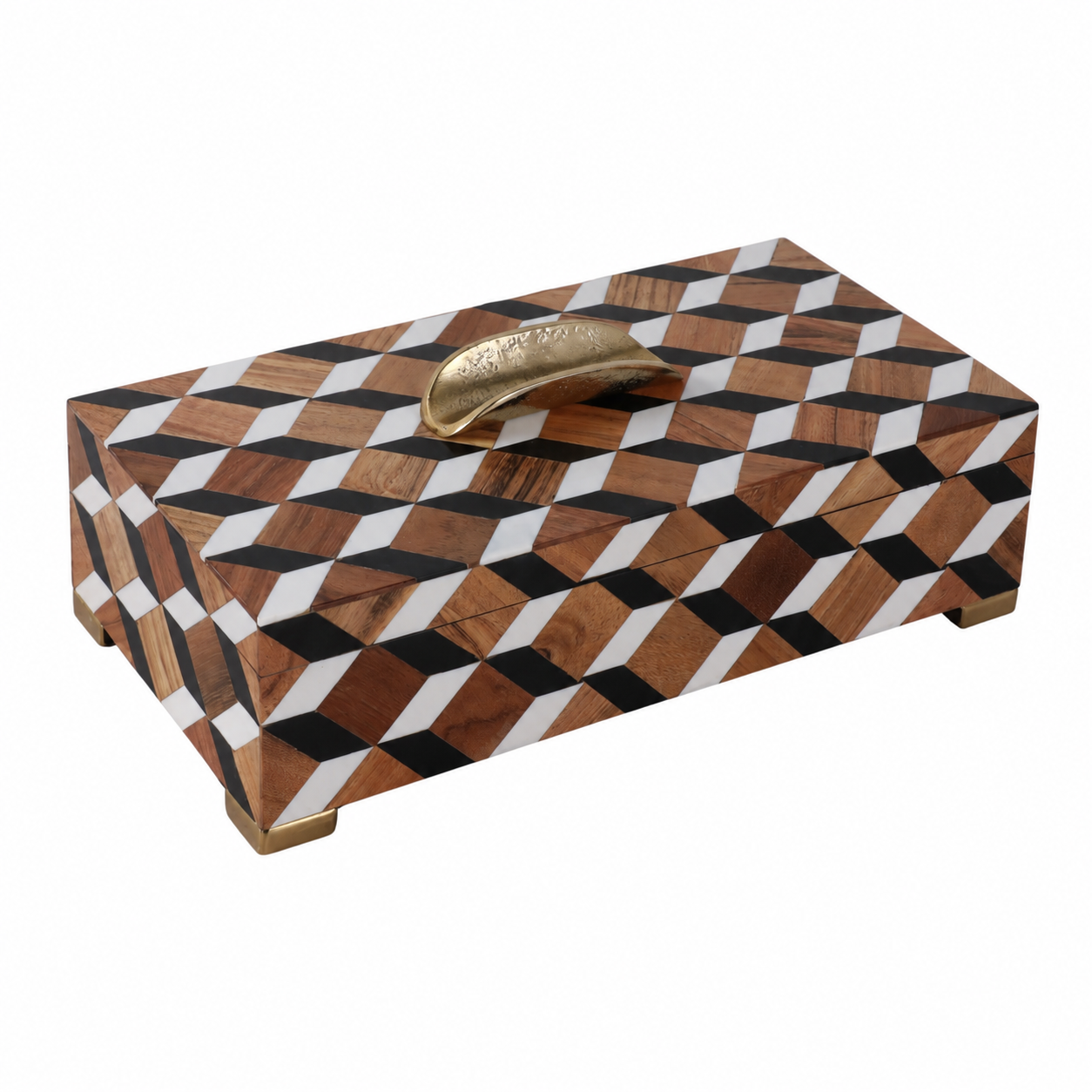 Cofre decorativo grande de resina con patrón geométrico en tonos madera, blanco y negro, con asa dorada.
