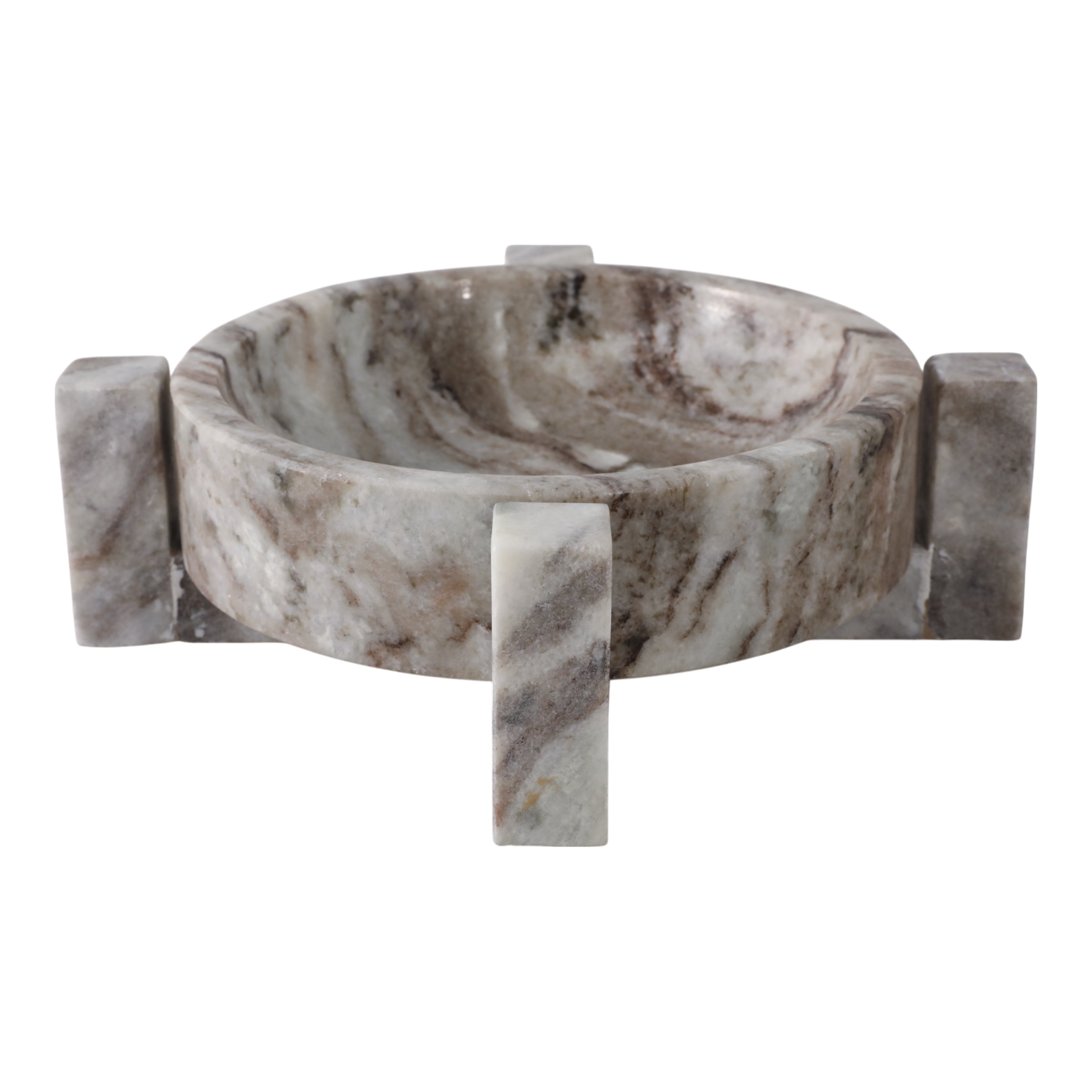 Bowl decorativo de mármol con diseño veteado natural y base elevada, sobre fondo blanco.