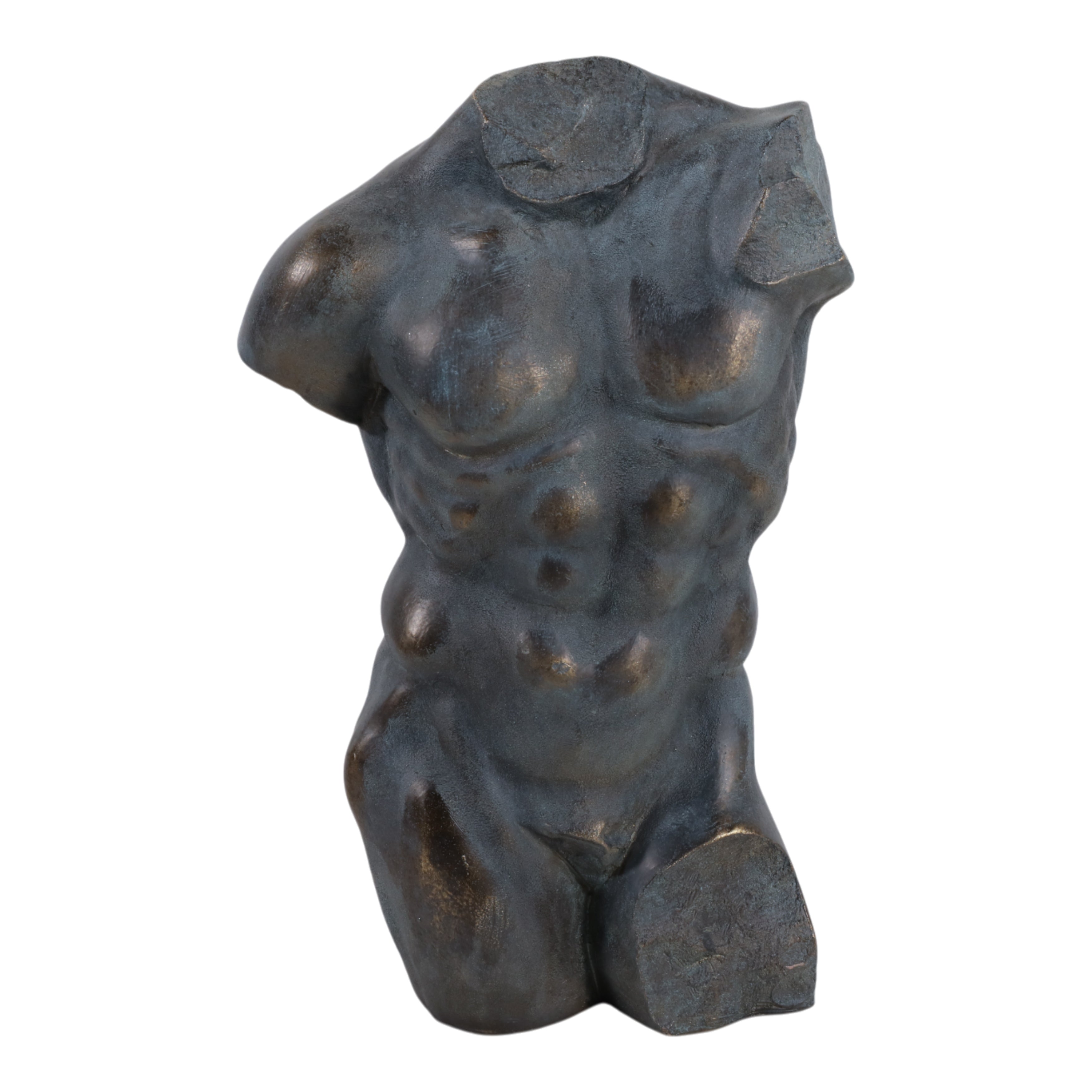 Escultura de torso masculino en acabado bronce oscuro, estilo clásico, para decoración interior.