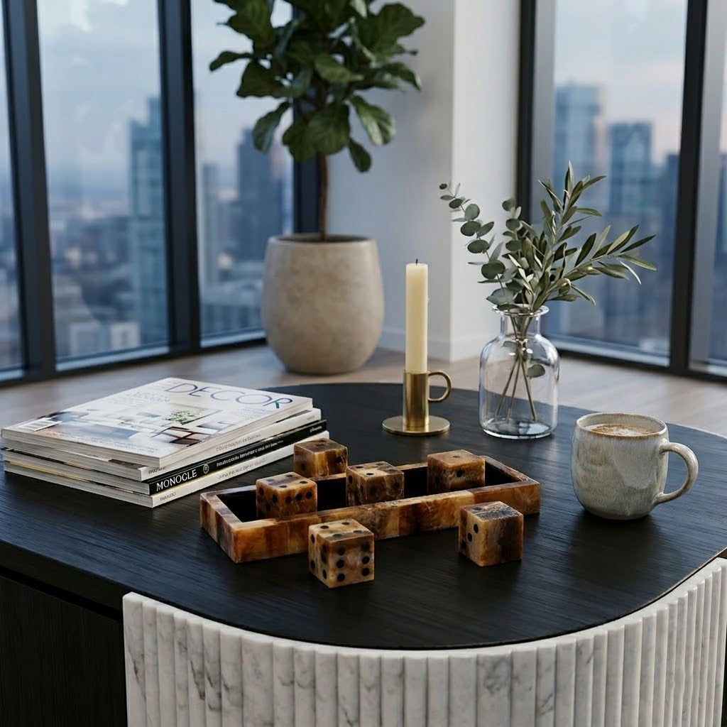 Juego decorativo de lujo en mesa de centro, con ventanas y skyline de ciudad. Ambiente sofisticado.