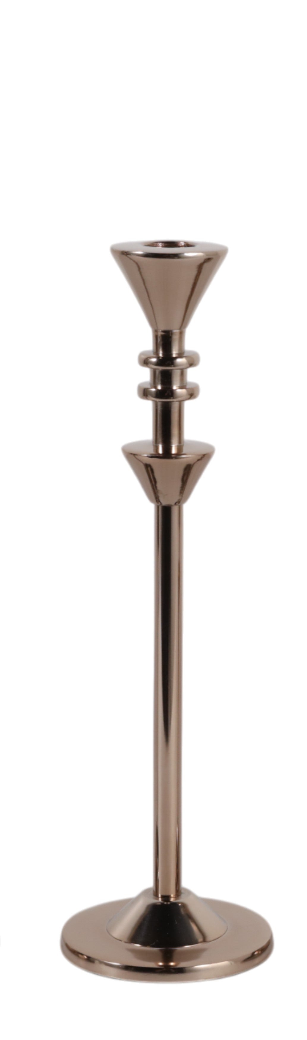 Candelabro metálico mediano de diseño elegante con base redonda y acabado brillante para decoración del hogar.