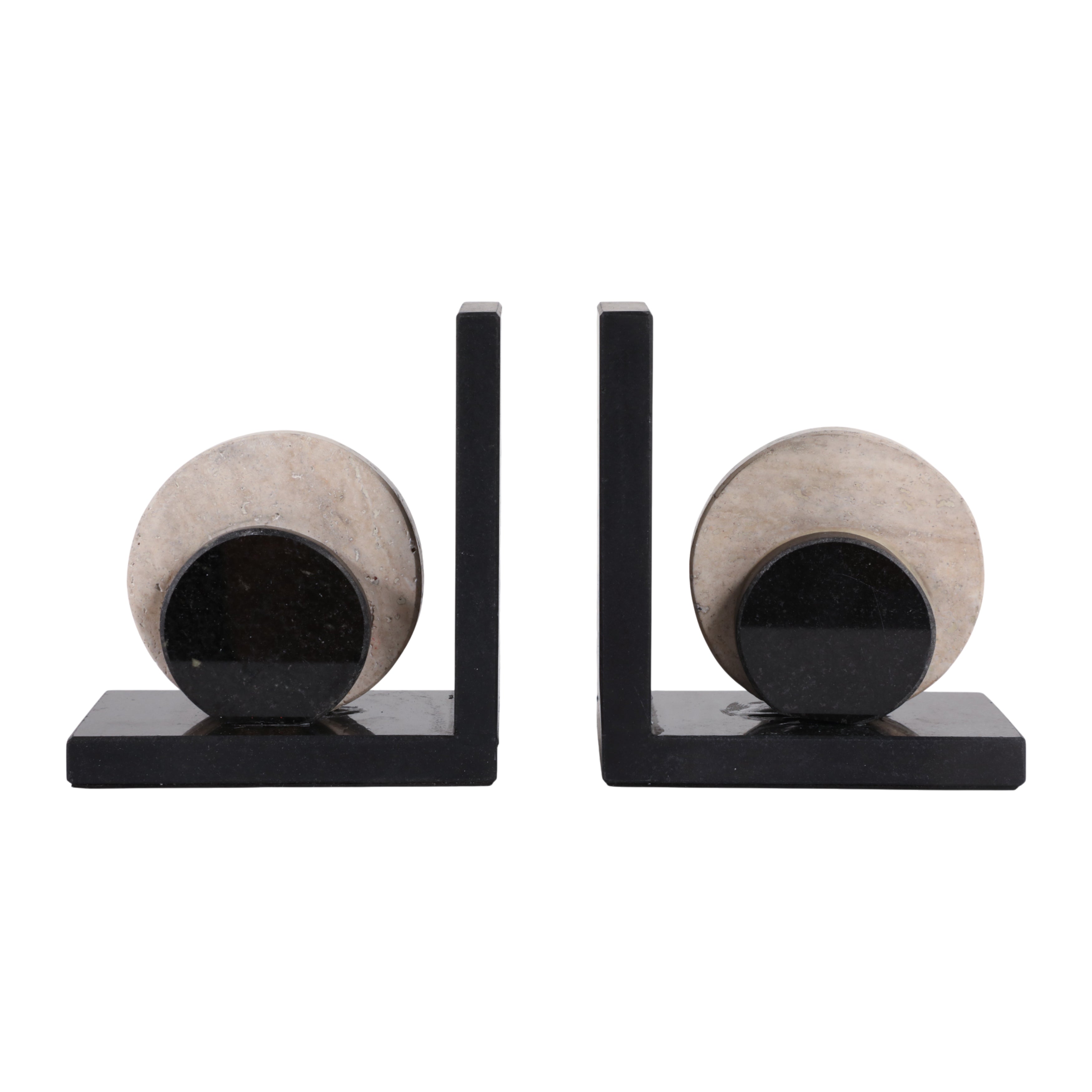 Par de sujetalibros modernos de mármol negro y beige con diseño circular, ideal para decoración de lujo.