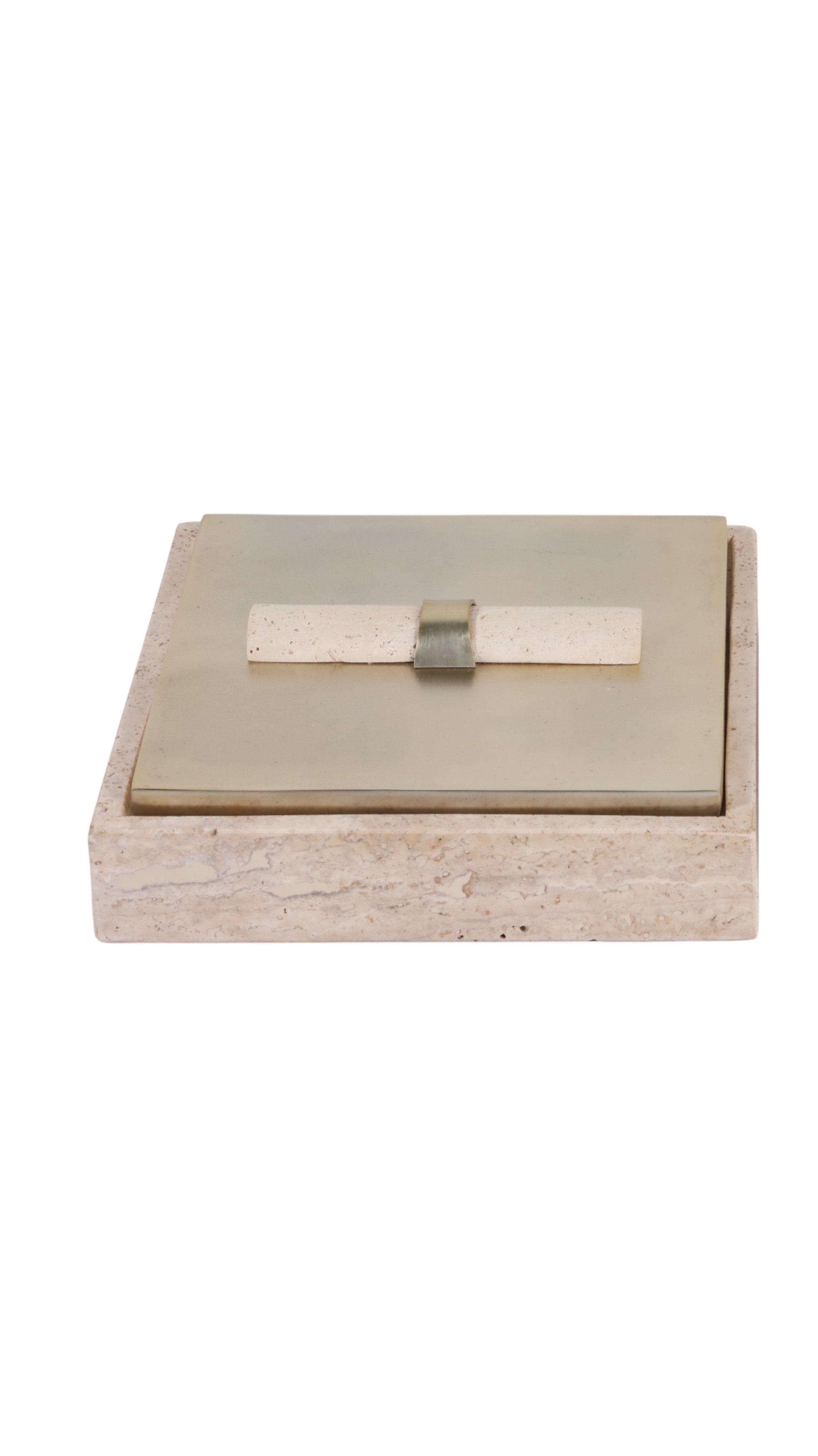 Cofre decorativo grande de lujo en travertino natural y latón dorado con tapa de metal
