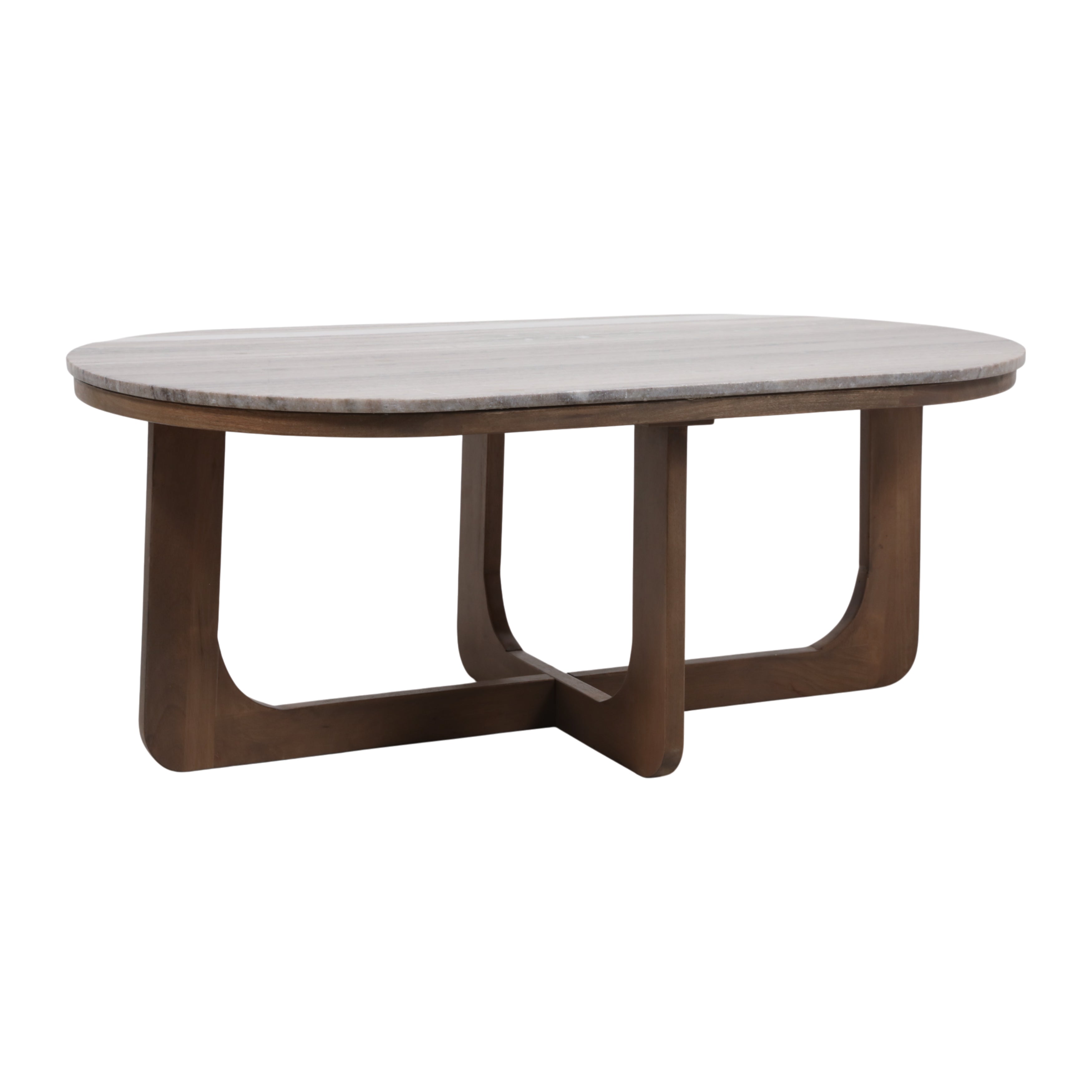 Mesa de centro ovalada con tapa de mármol blanco veteado y base de madera oscura curvada, estilo moderno.