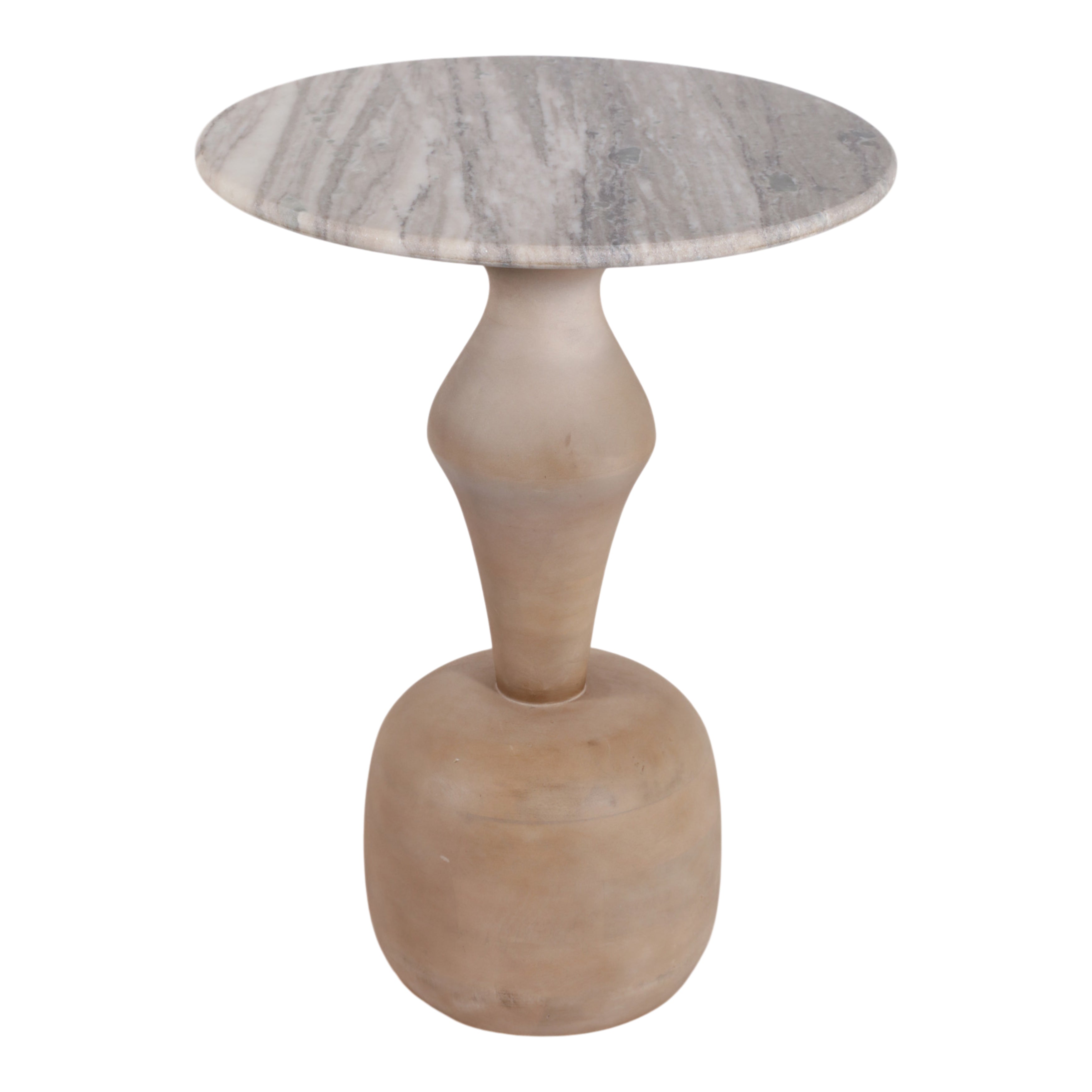 Mesa auxiliar redonda con cubierta de mármol veteado gris y base escultural beige de diseño elegante.