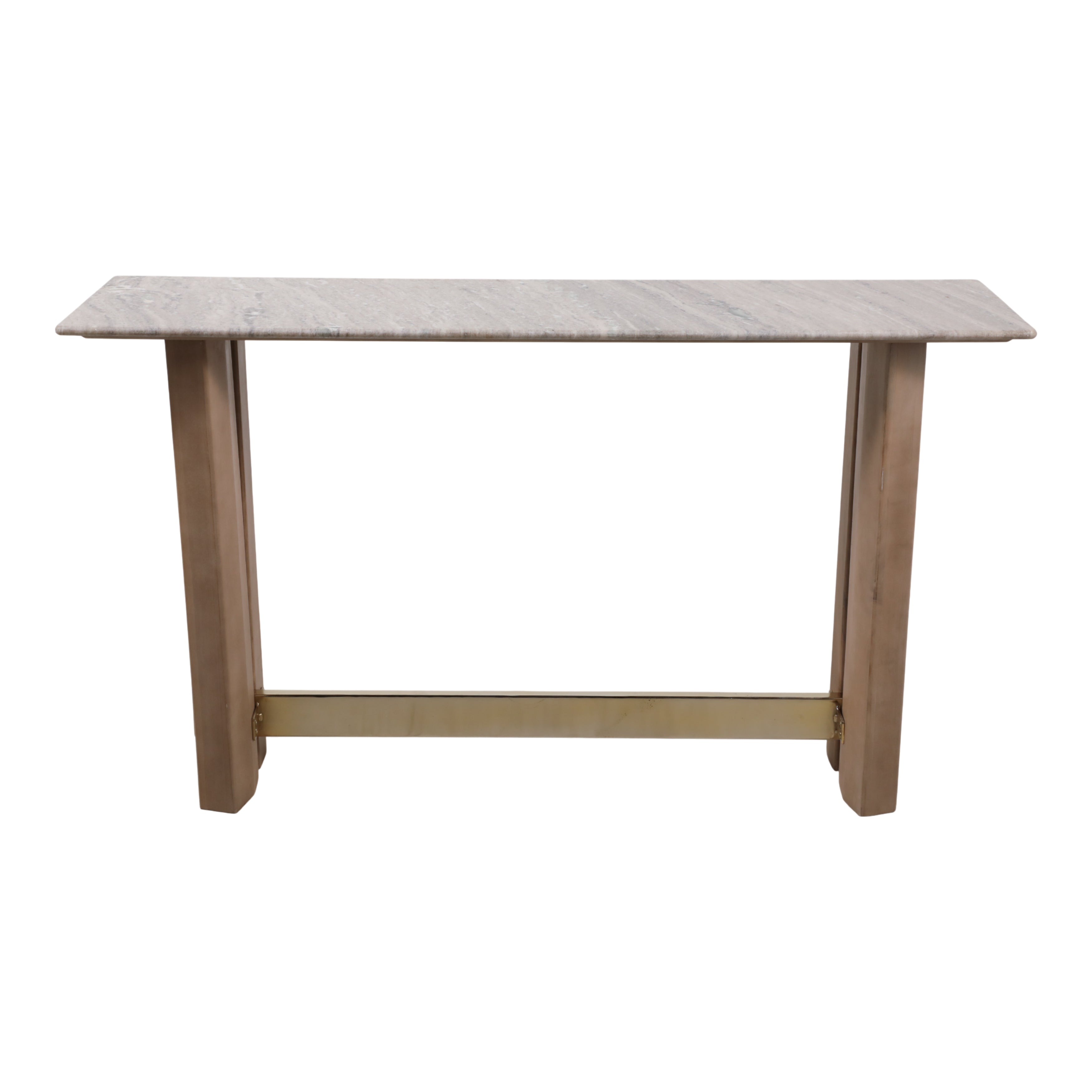 Consola de mármol beige veteado y base de madera con barra de latón, vista frontal.