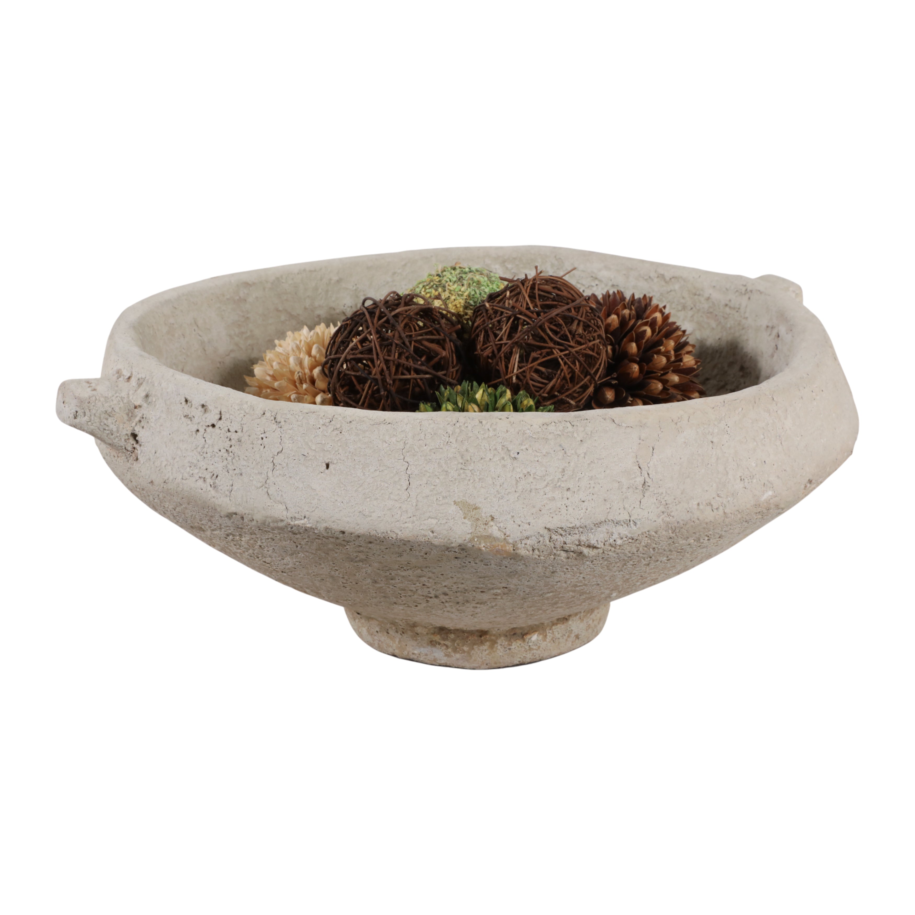 Bowl decorativo rústico con esferas y elementos naturales, ideal para centros de mesa elegantes.