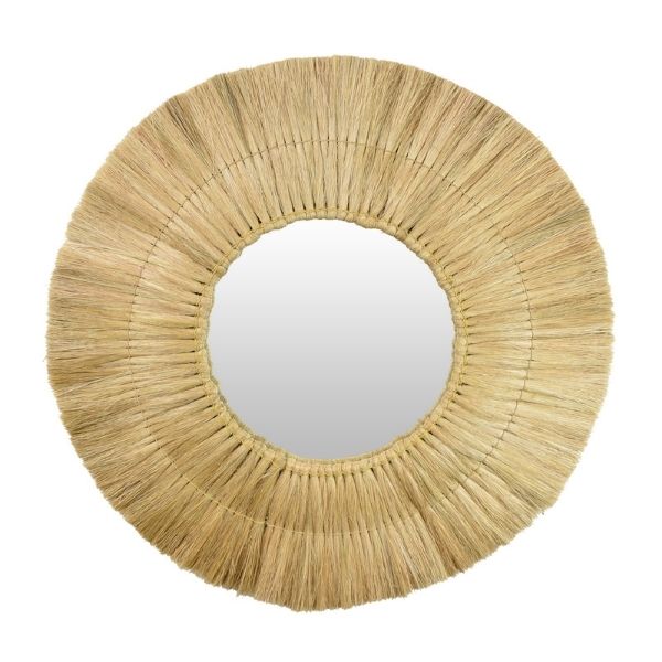 Espejo beige circular con marco de fibra natural para decoración - Vilá Decoración - Muebles y decoración en Medellín y Colombia