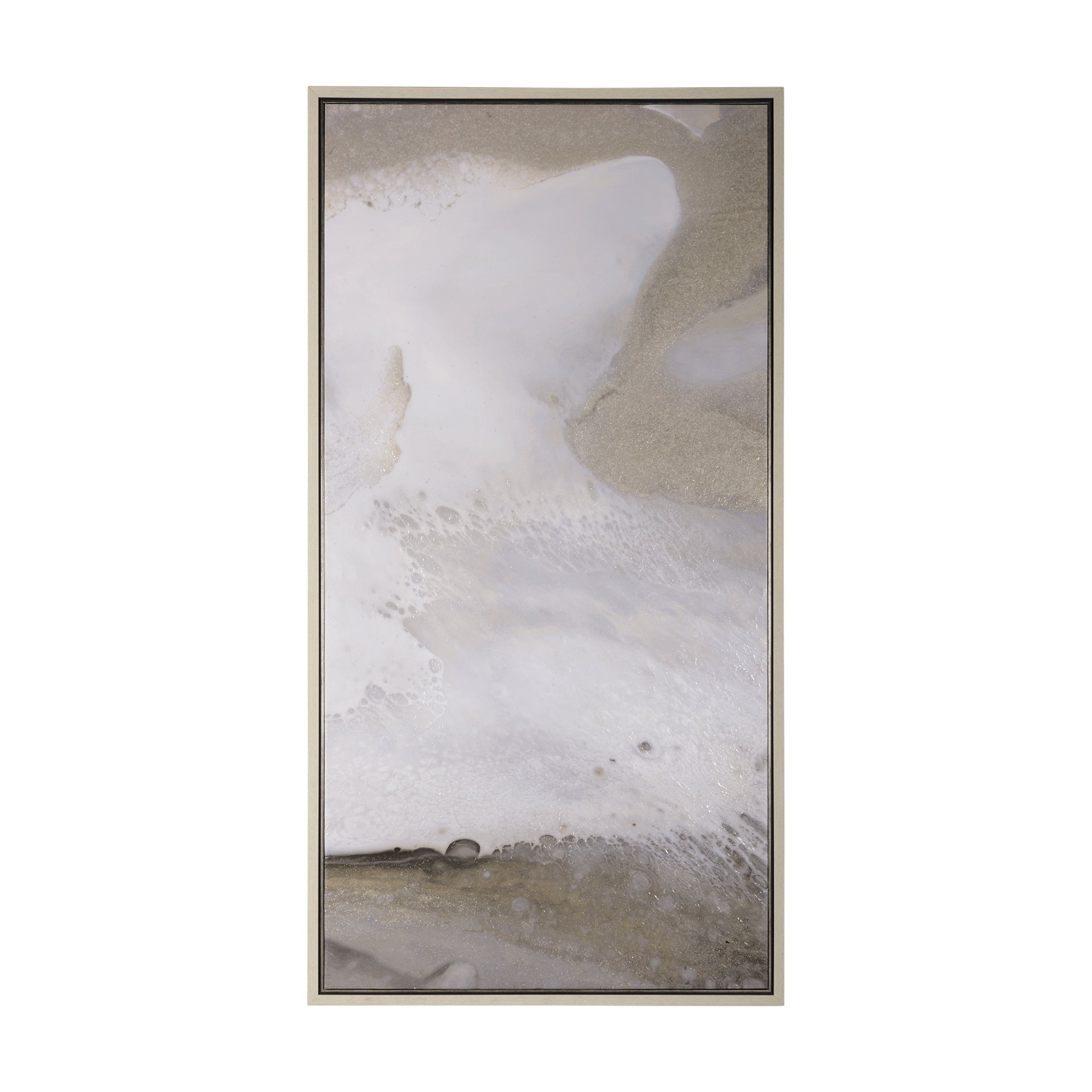 Cuadro Vilá Decoración con diseño abstracto en tonos blancos y dorados, realizado en lienzo enmarcado y texturizado adornado a mano.