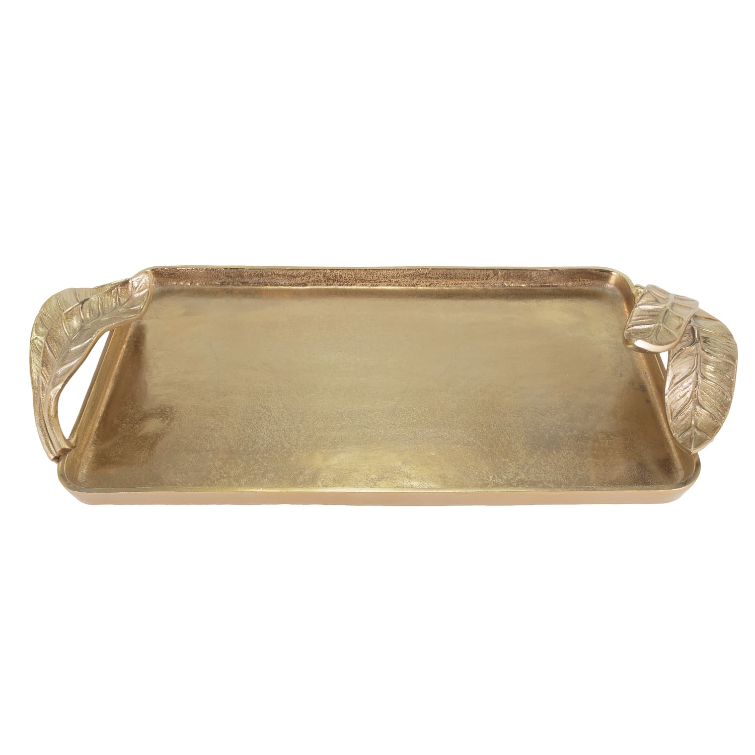 Bandeja dorada rectangular con asas de hoja para decoración elegante en Colombia. Reflejo lujoso.