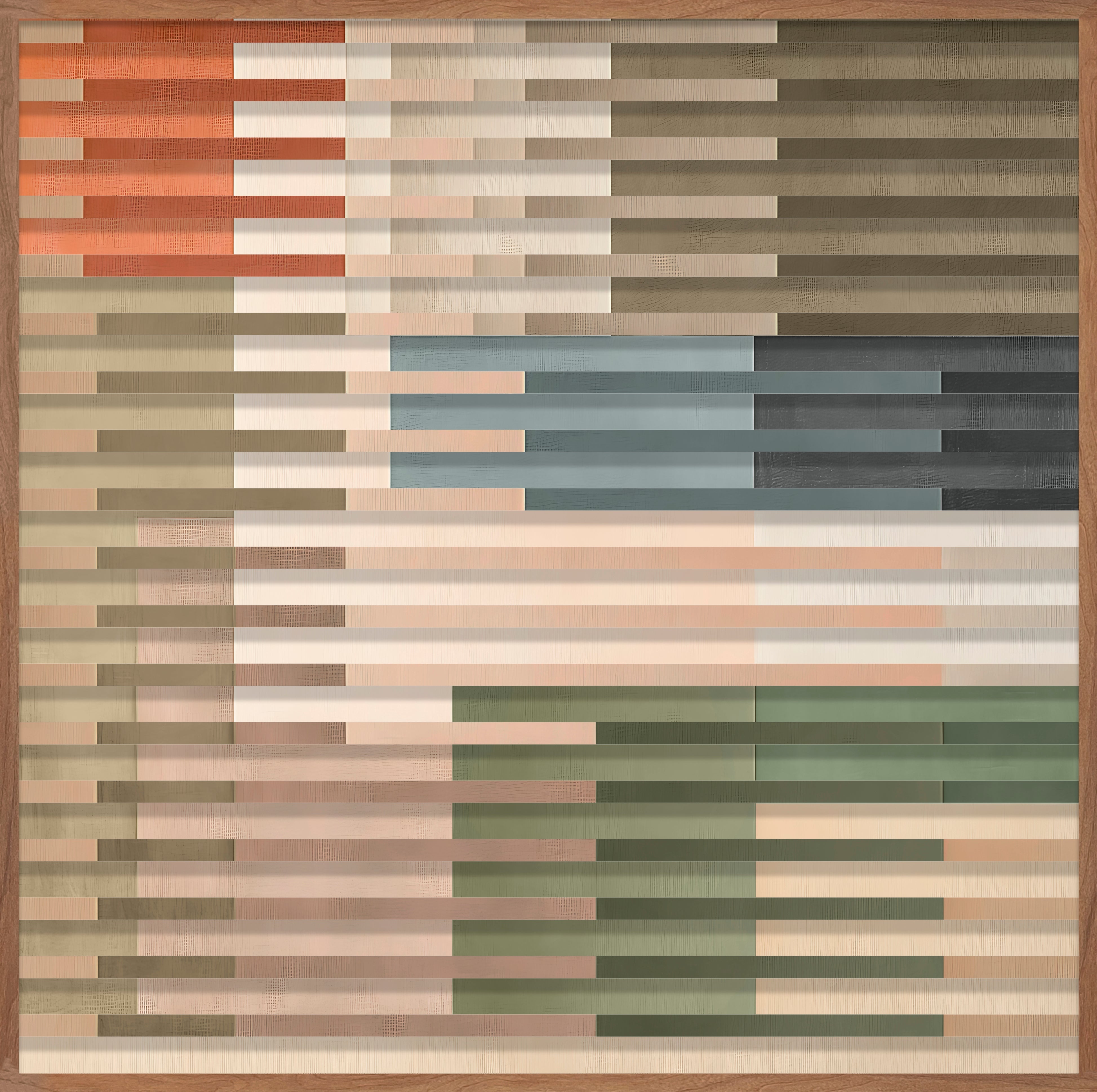 Cuadro Vilá Decoración con diseño abstracto de líneas horizontales en tonos naranja, beige, verde y azul, con marco de madera.