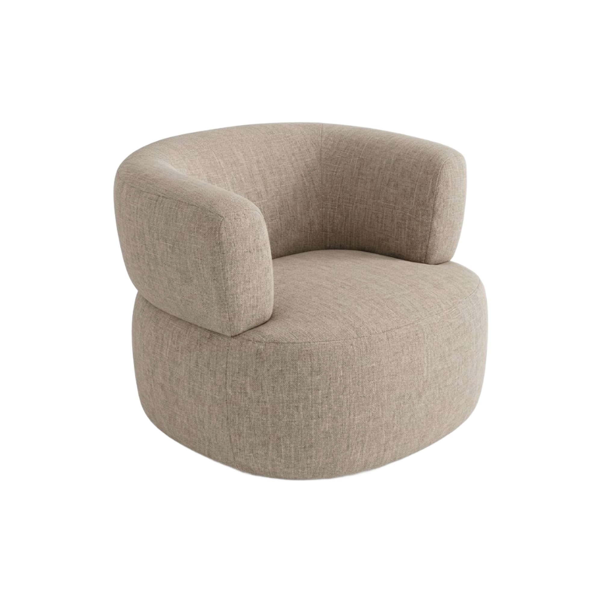 Poltrona moderna tapizada en tela beige con diseño curvo elegante y base redonda