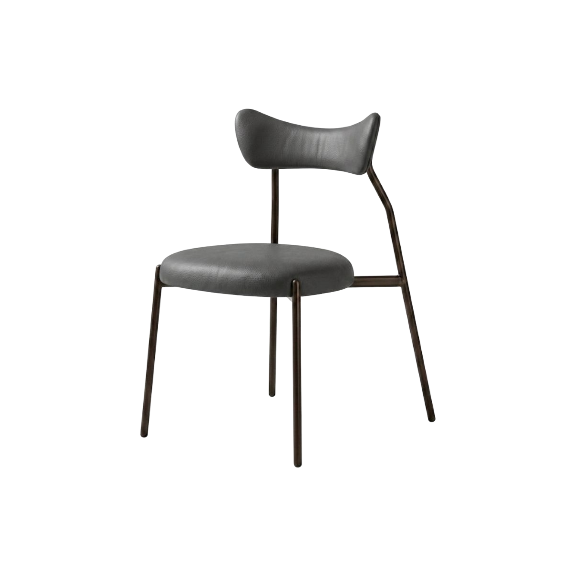 Silla de diseño moderna gris oscuro con respaldo curvo y estructura metálica elegante para comedor.