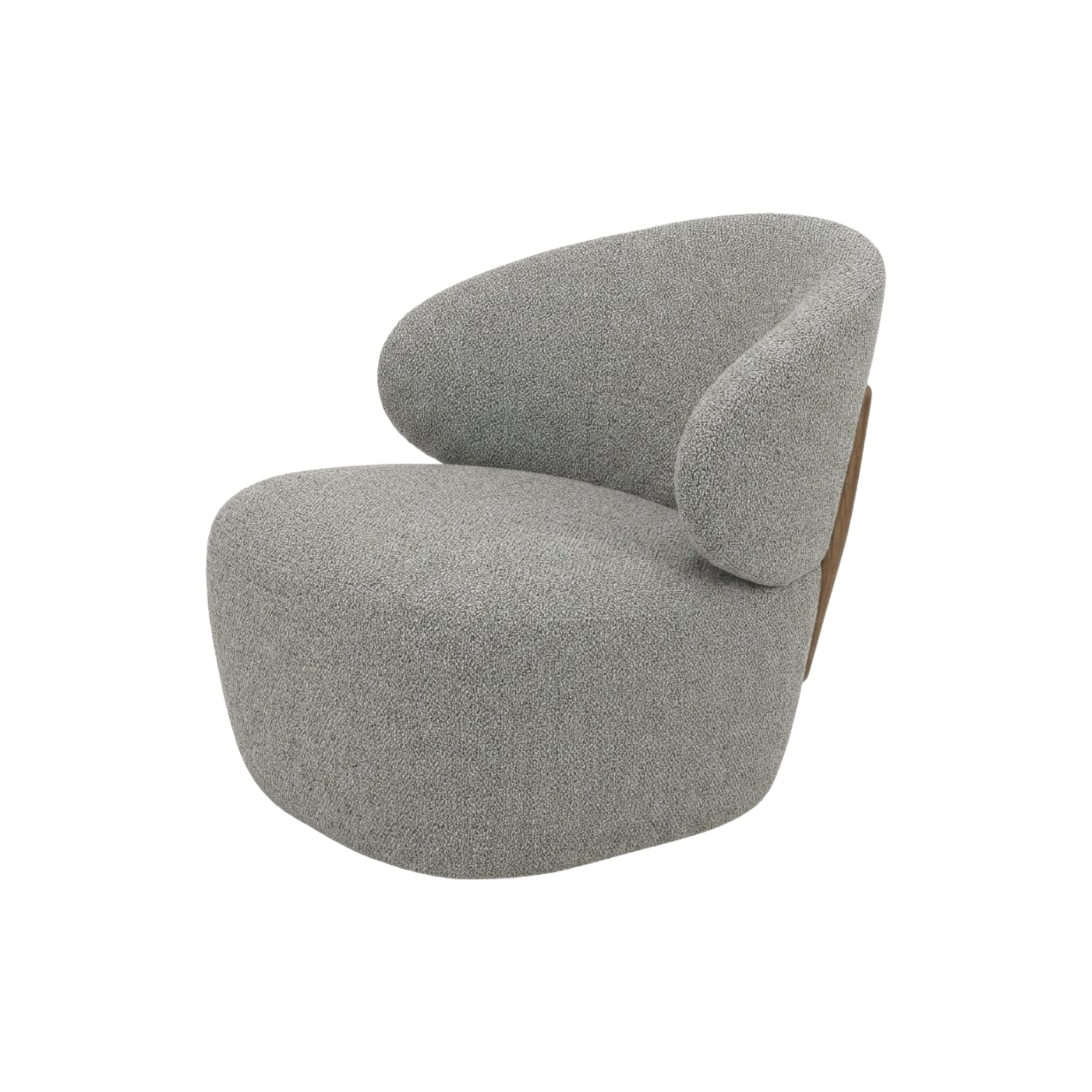 Sillón de diseño contemporáneo en tela gris texturizada con base robusta y curvas elegantes.