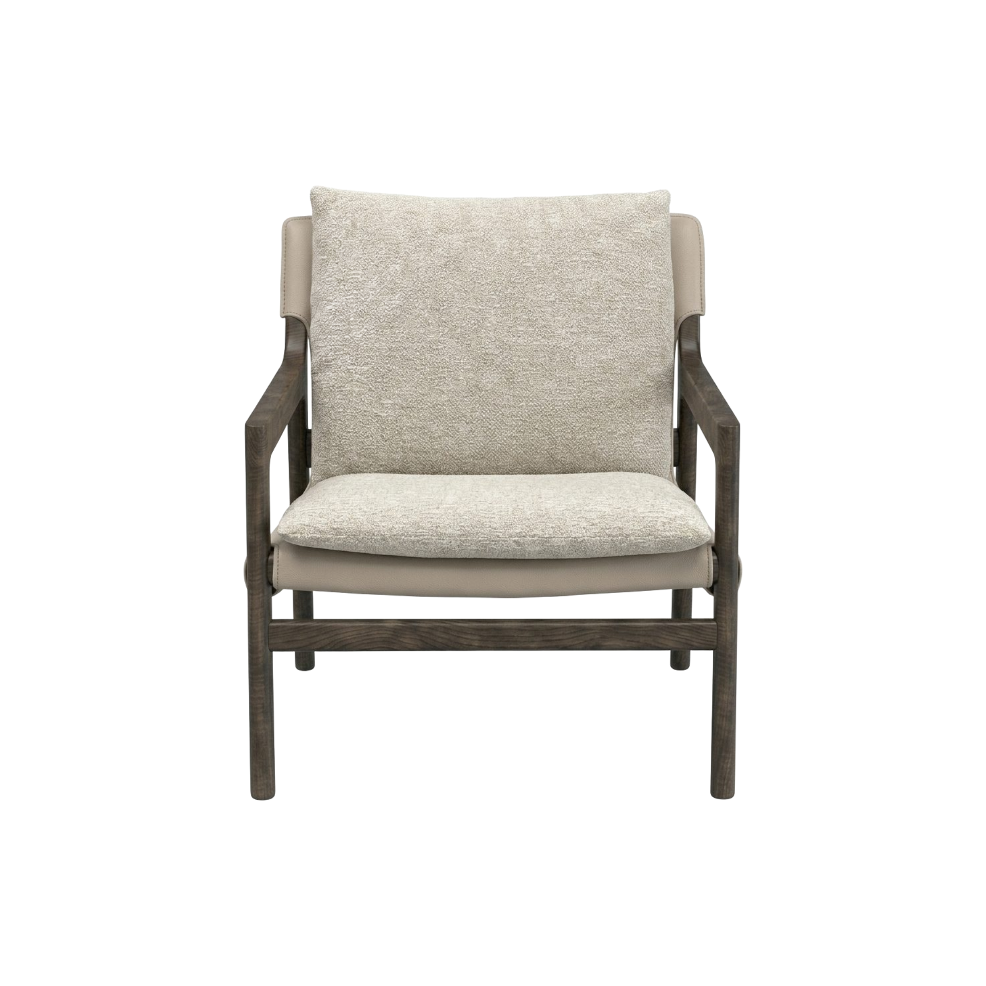 Poltrona moderna de diseño exclusivo en madera oscura y tapicería premium, vista frontal para sala.