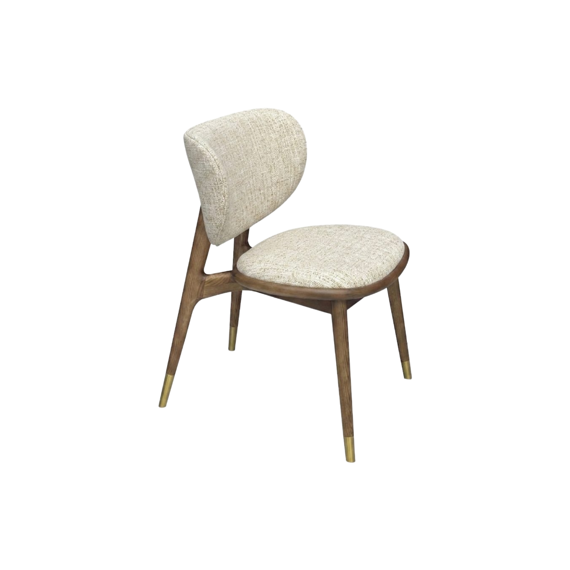 Silla de comedor moderna con estructura de madera, tapizado beige texturizado y detalles en bronce.