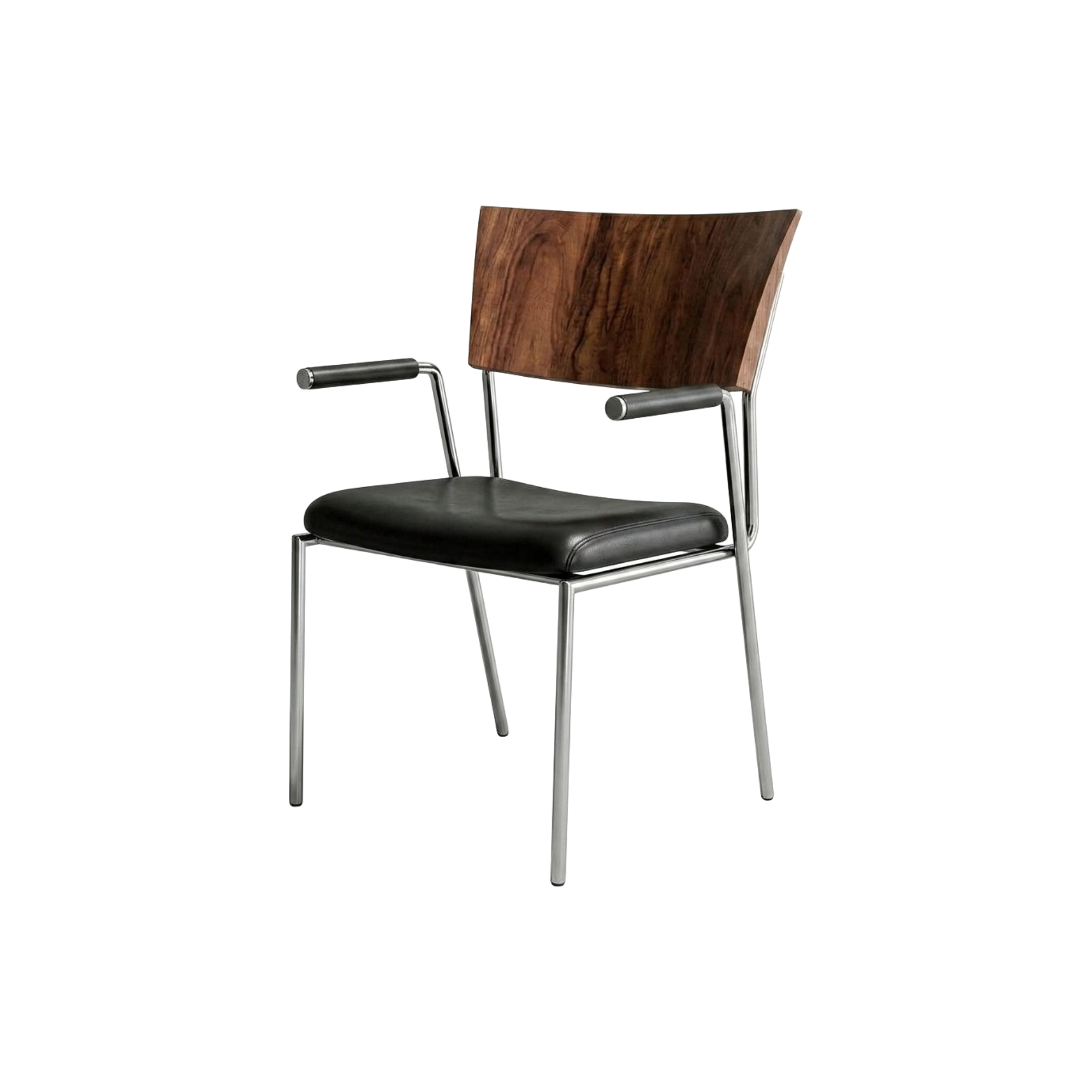 Silla de comedor moderna con brazos, respaldo de madera oscura, asiento de cuero negro y estructura de acero cromado.