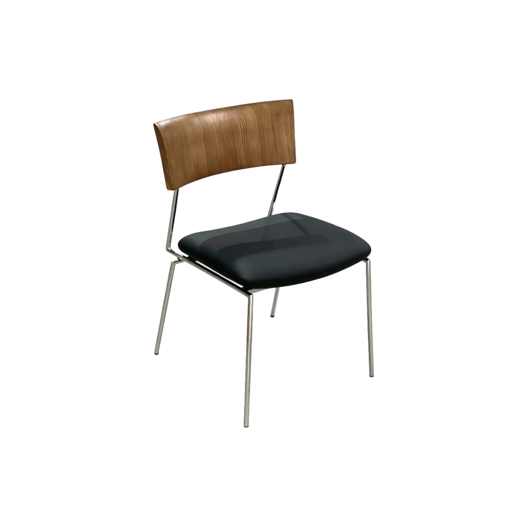 Silla de comedor moderna sin brazo con respaldo de madera clara curvada y asiento negro tapizado, vista frontal.