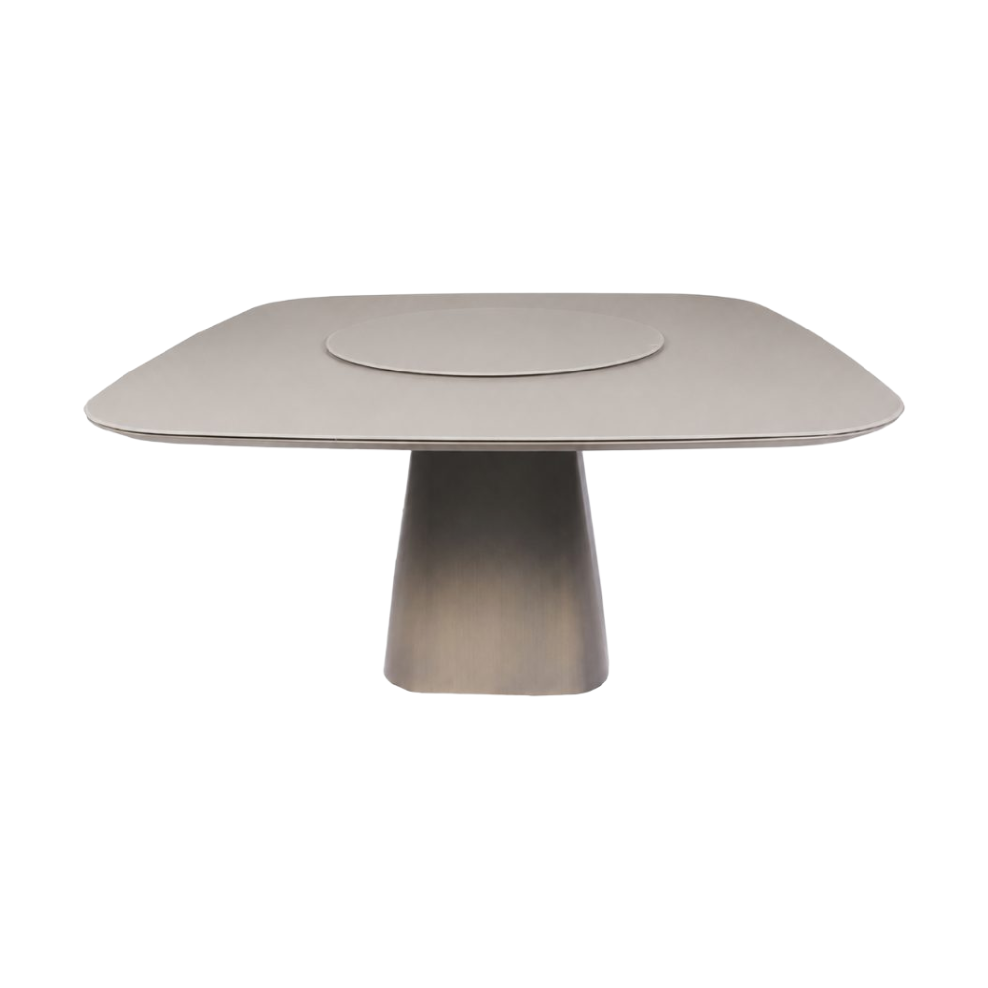 Mesa de comedor moderna cuadrada con esquinas redondeadas y base pedestal cónica en tono bronce.