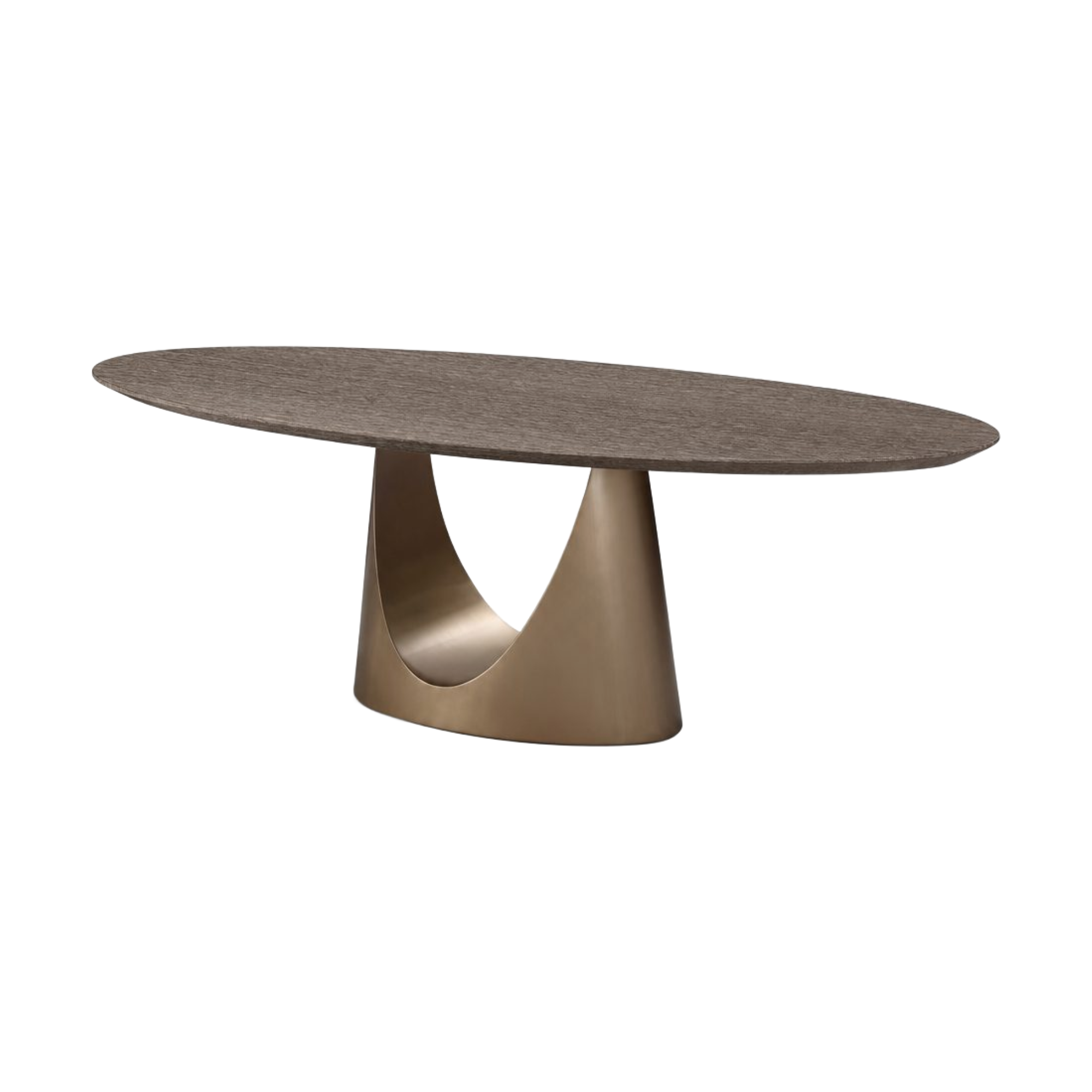 Mesa de comedor ovalada de lujo con tapa grisácea texturizada y base escultural en tono bronce