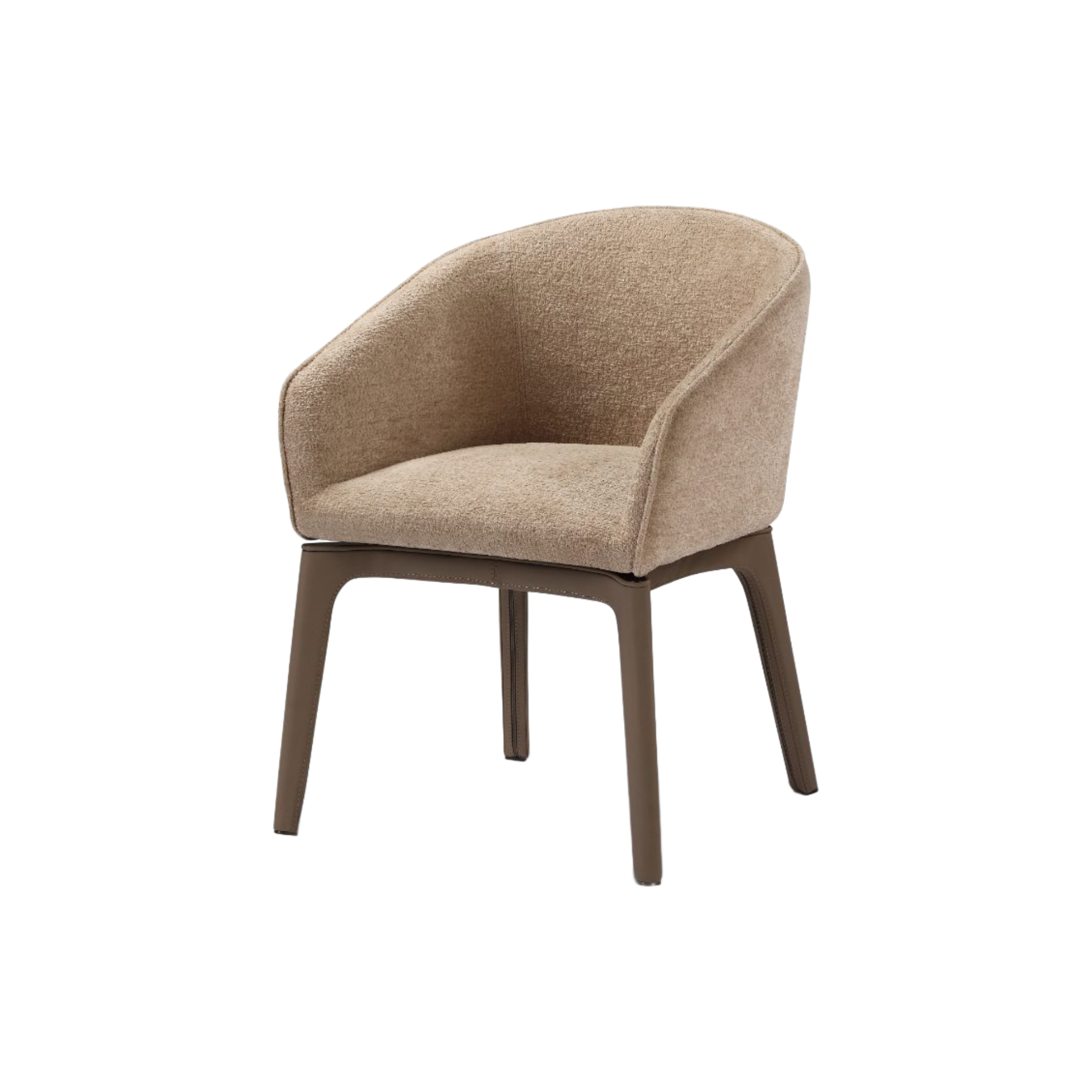 Silla tapizada beige con diseño curvo, patas de madera oscura, ideal para comedor o auxiliar.