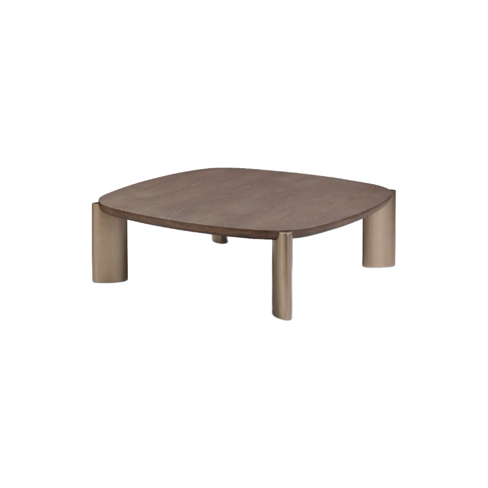 Mesa de centro cuadrada moderna de lujo con tablero de madera grisáceo y patas metálicas doradas
