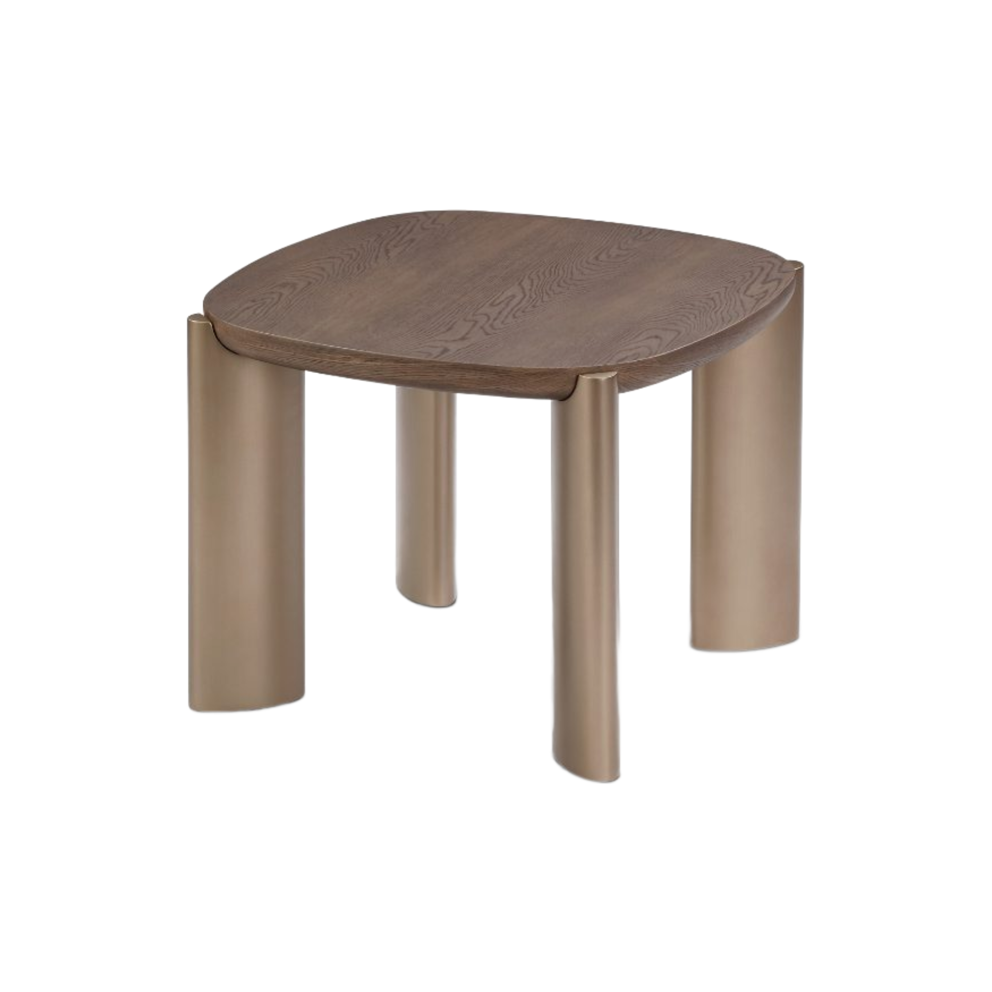 Mesa auxiliar de sala de lujo con tapa de madera oscura y patas metálicas curvas de tono cálido.