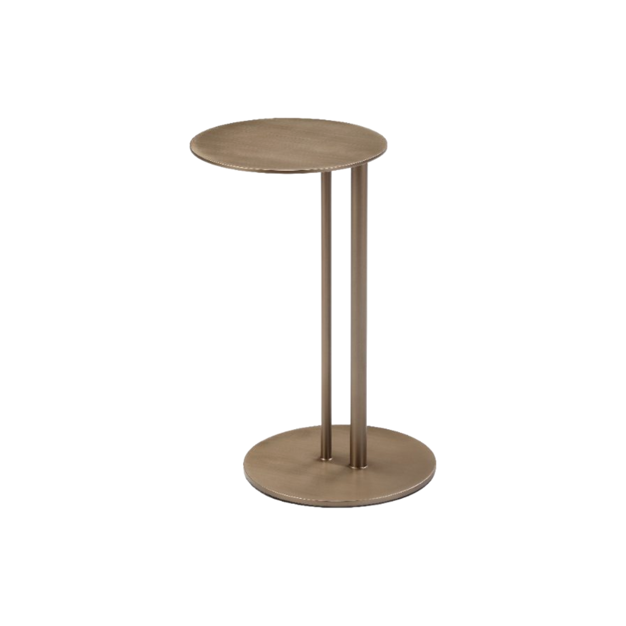 Mesa auxiliar de sala redonda metálica color bronce, diseño moderno y elegante para decoración de lujo.