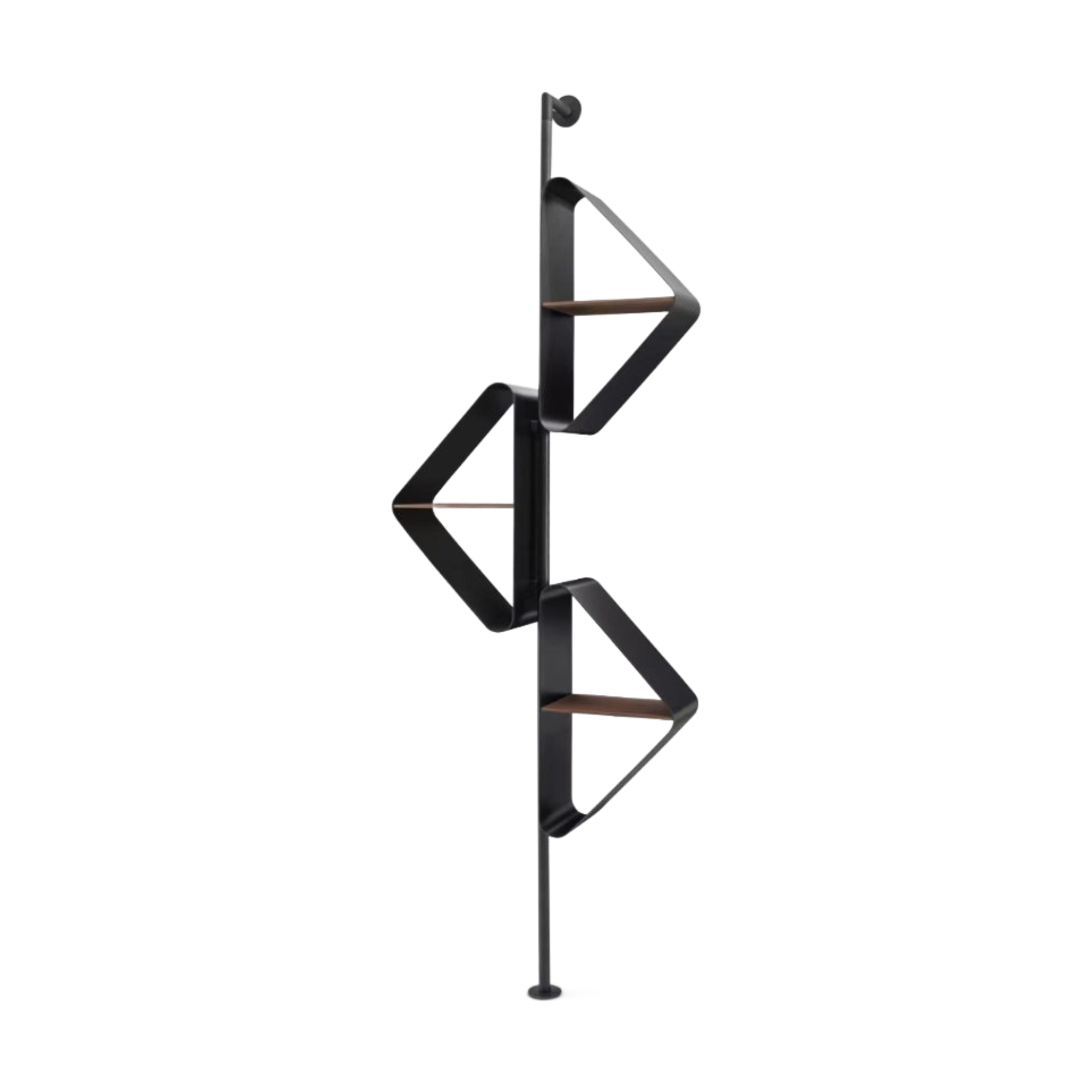 Estantería de diseño geométrico en metal negro y madera oscura, ideal para decoración moderna y lujosa.