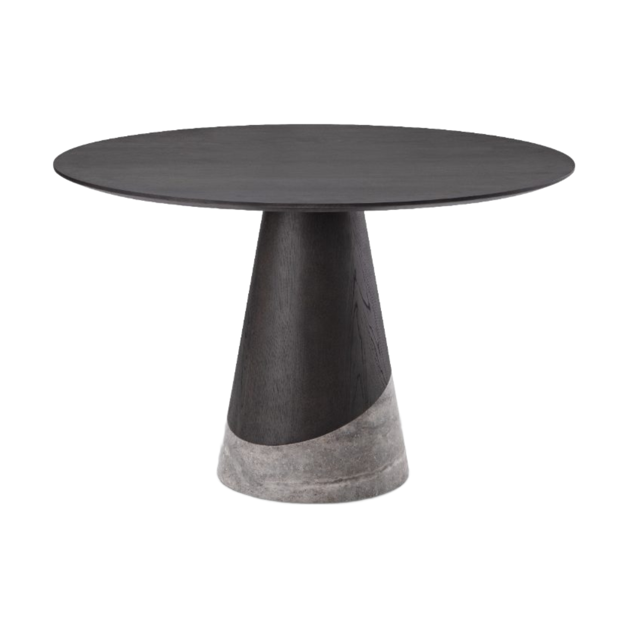 Mesa de comedor redonda de diseño, madera oscura y base cónica de madera y piedra, estilo moderno.
