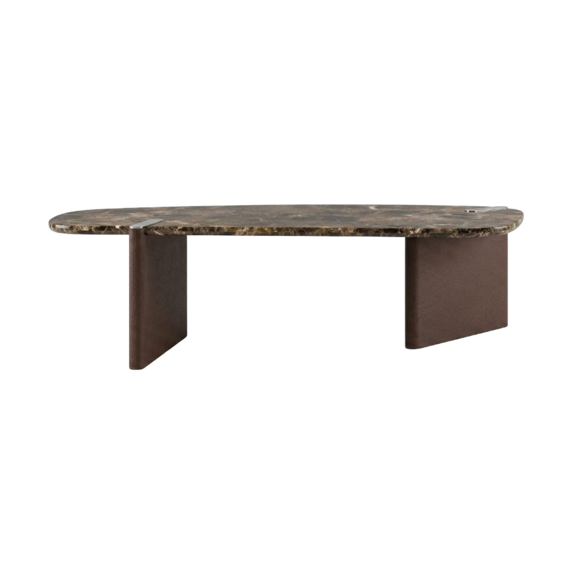 Mesa de centro ovalada de mármol oscuro veteado con base doble marrón y detalle metálico