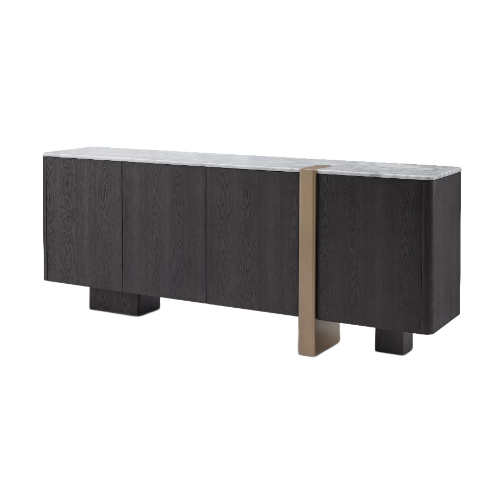 Aparador de diseño moderno con tapa de mármol blanco, madera oscura y detalle decorativo dorado, vista frontal ligeramente angulada.