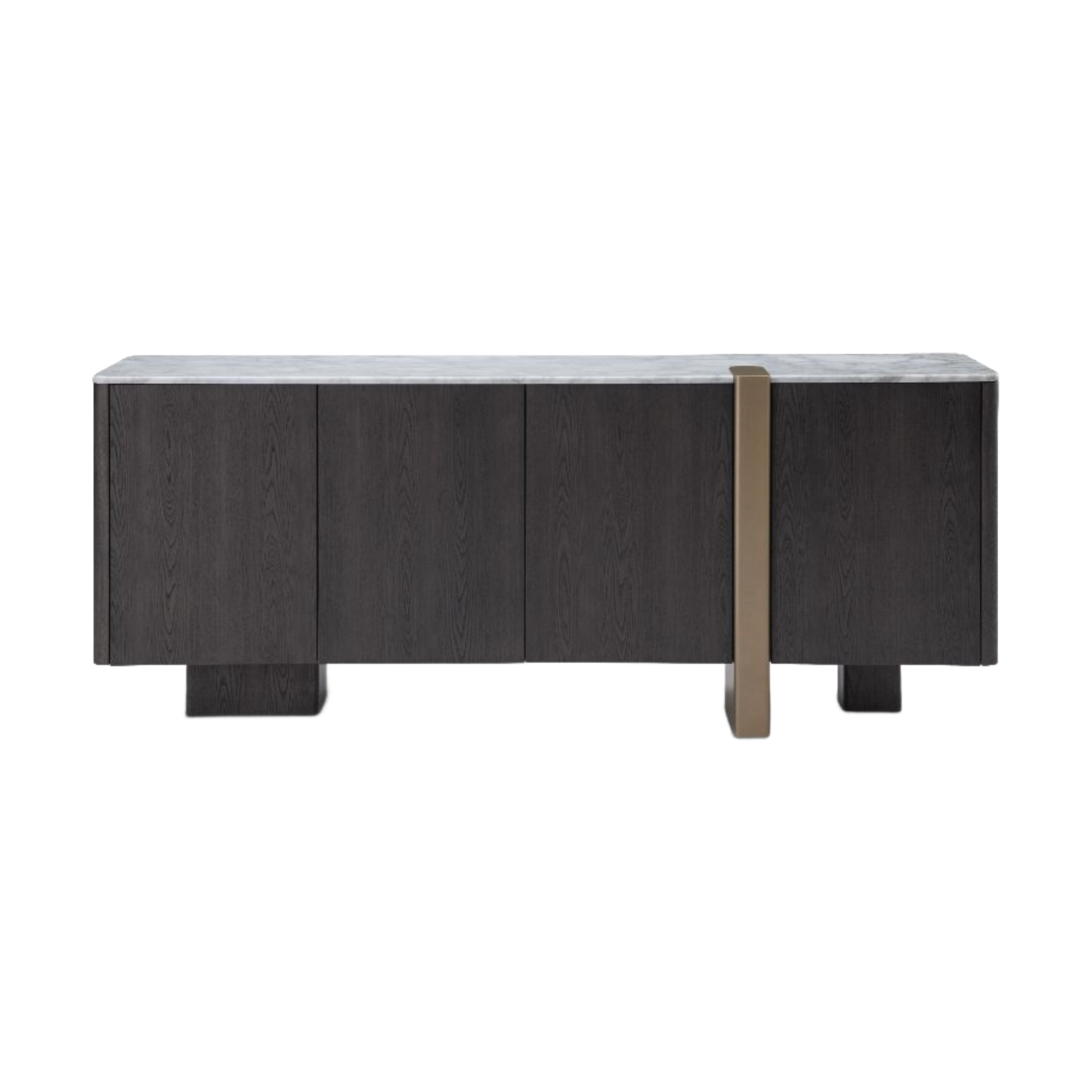 Aparador de lujo en madera oscura con superficie de mármol blanco y acento dorado, vista frontal simétrica.