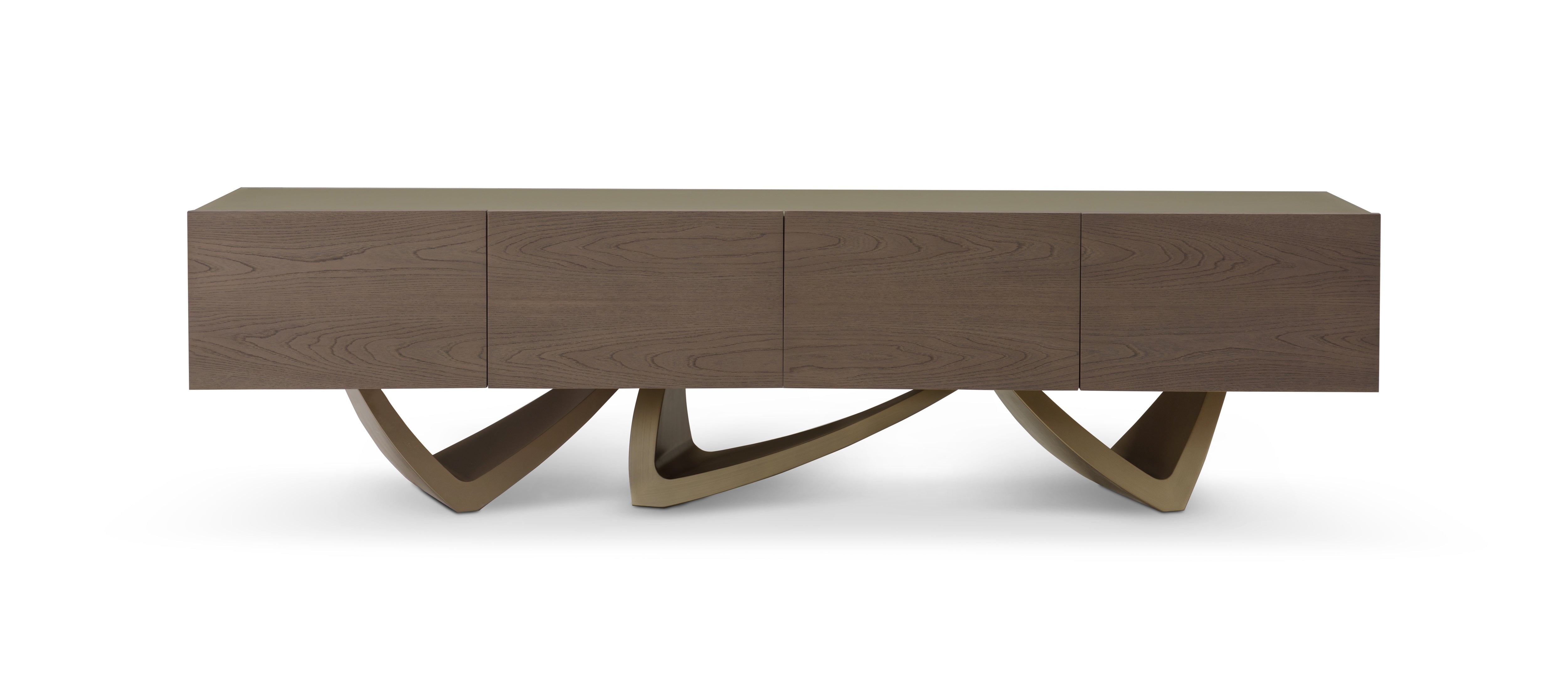 Aparador consola de lujo en madera oscura con base escultural moderna para sala o comedor.